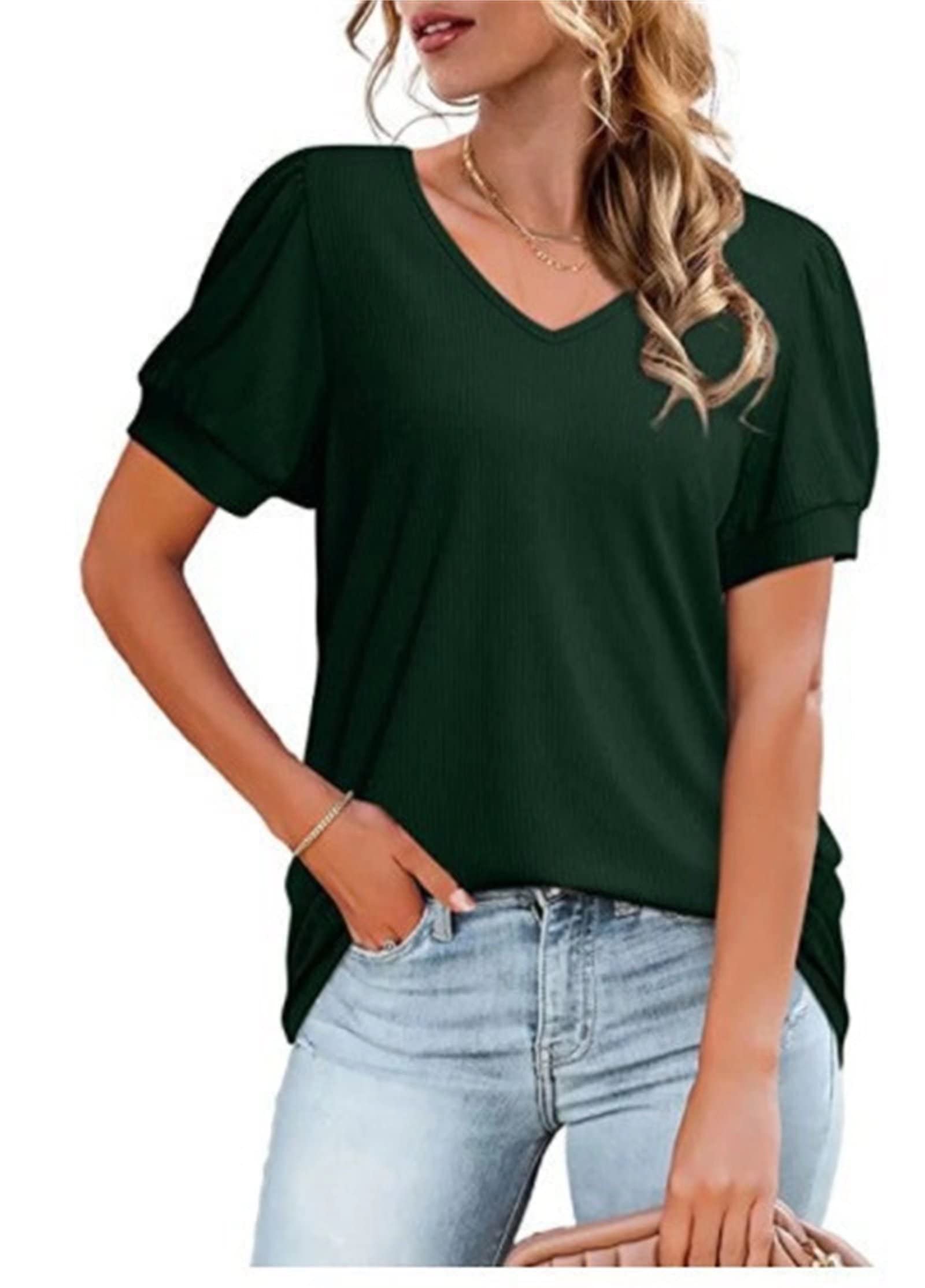 Women's Summer Casual V-Neck Puff Sleeve T-Shirts - Breathable Loose Blouses for Workout, Office & Daily Wear | Comfortable Basic Tees for Women | Perfect for Yoga, Running, Shopping & Weekend Outings