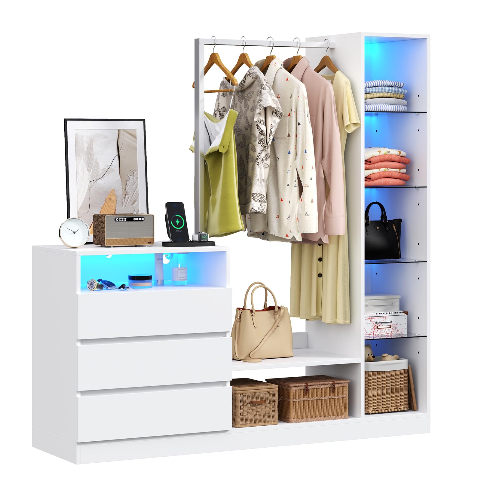 Large White Armoire Wardrobe Closet with Hanging Rod, 3 Drawers & Adjustable Shelves - Spacious Clothing Storage Cabinet with Built-in Charging Station & LED Lights - Perfect Bedroom Dresser & Closet Organizer for Home, Apartment or Dorm Room Storage Solutions