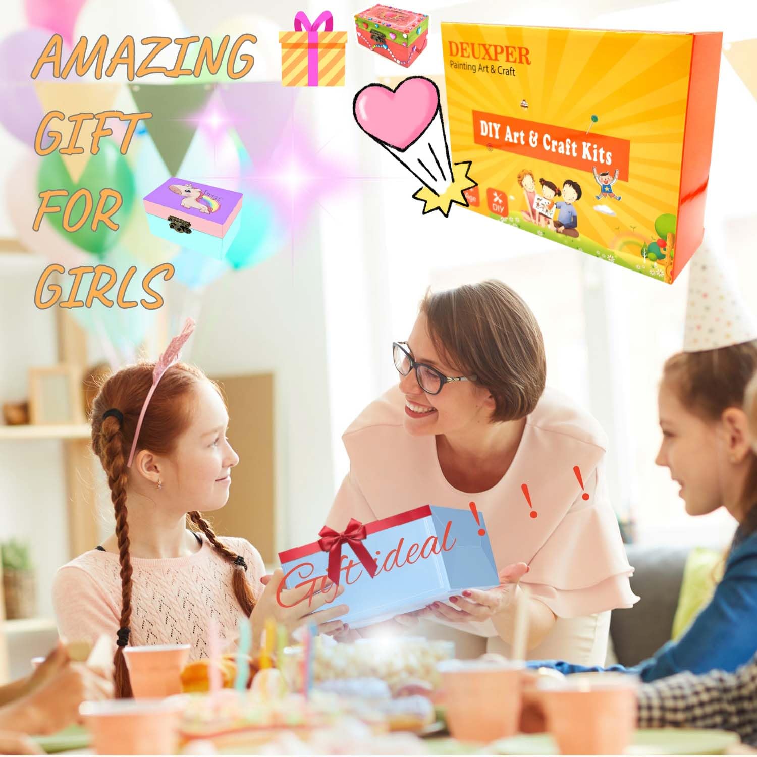 DEUXPER 2-in-1 Kids Art & Craft Toy Set - 4 Wooden Jewelry Boxes & 136 Charms Beads for DIY Bracelet Making, Painting & Creative Play | Perfect Easter Gift & Birthday Present for Girls Ages 6-10 | Great for Arts & Crafts, Party Favors & Creative Development