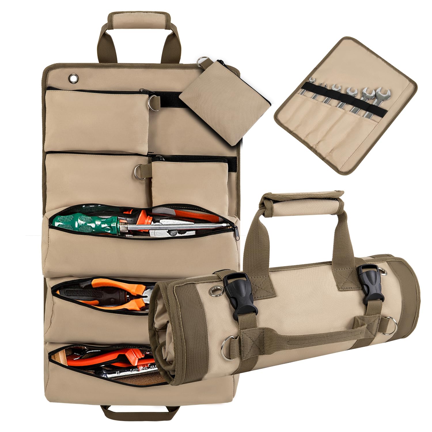 Heavy Duty Tool Roll Organizer with Detachable Pouches - Durable Small Tool Bag for Mechanics, Electricians & DIY Hobbyists (Khaki) | Perfect for Workshop, Garage & On-the-Go Repairs