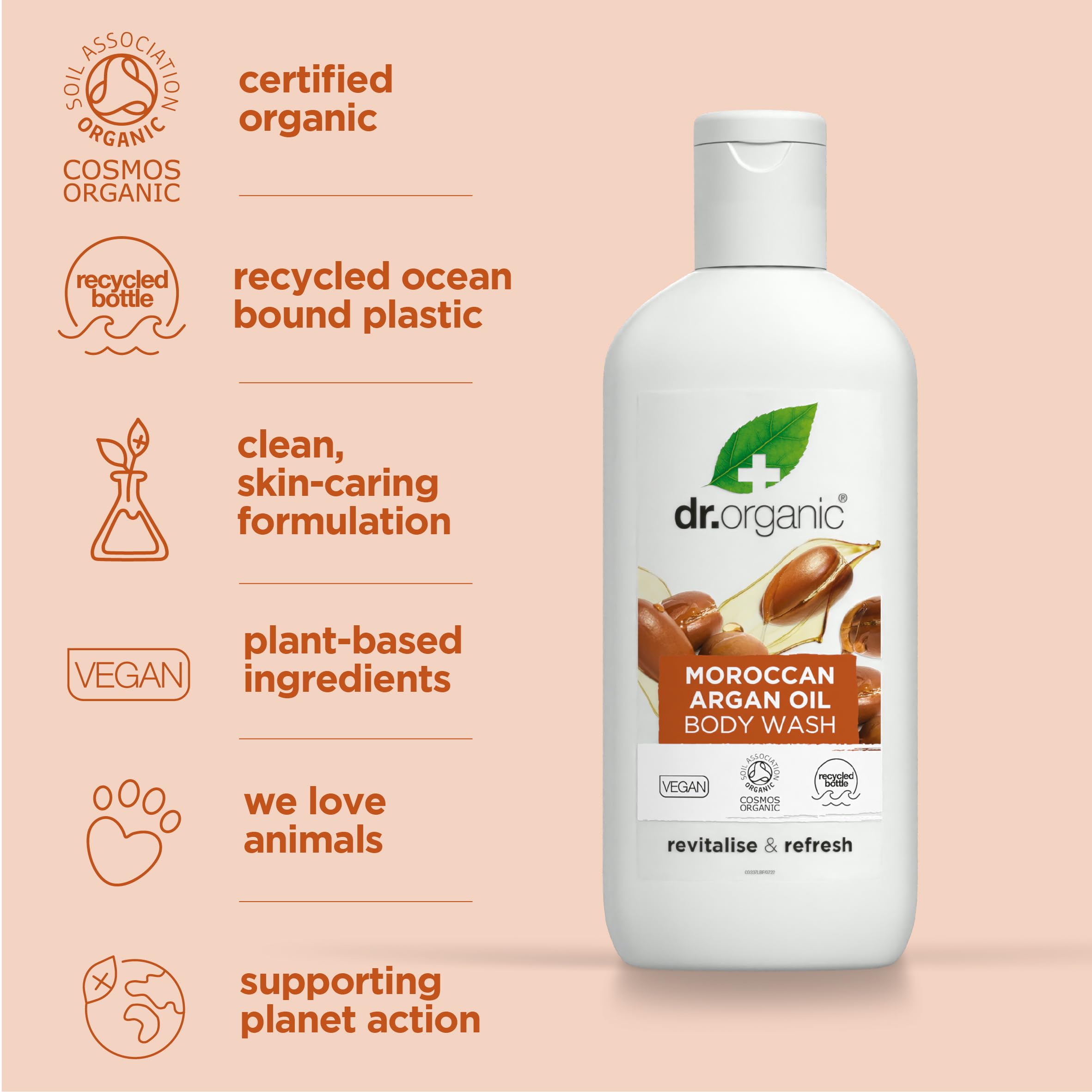 Dr Organic Moroccan Argan Oil Body Wash & Shower Gel - Natural, Vegan, Cruelty-Free, Paraben & SLS-Free - Certified Organic 250ml - Eco-Friendly Recycled Ocean Plastic Packaging - Perfect for Dry Skin Care & Luxurious Bath Time
