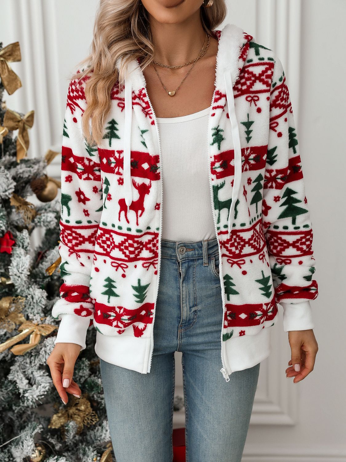 Christmas Drawstring Zip-Up Hooded Jacket - Cozy Holiday Pullover for Winter Outfits & Festive Gatherings