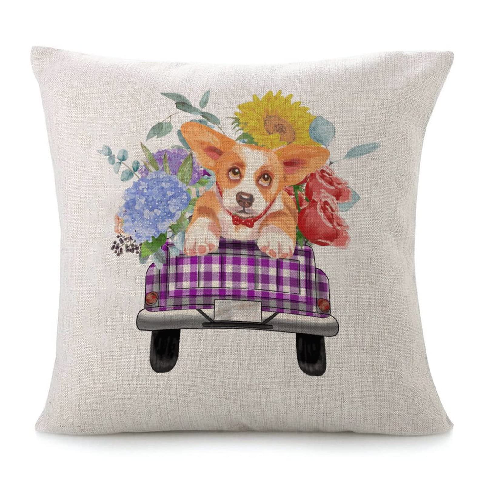 Floral Truck and Dog Square Cotton Linen Cushion Covers - Durable Zippered Throw Pillowcases for Sofa, Bedroom, Living Room & Car - Home Decor & Cozy Indoor Comfort