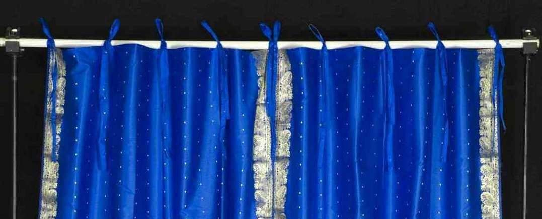 Indian Selections Lined-Island Blue Tie Top Sheer Sari Cafe Curtain Drape Panel - 43W x 24L - Pair of 2 - Elegant Window Treatment for Kitchen, Dining Room & Bathroom Decor