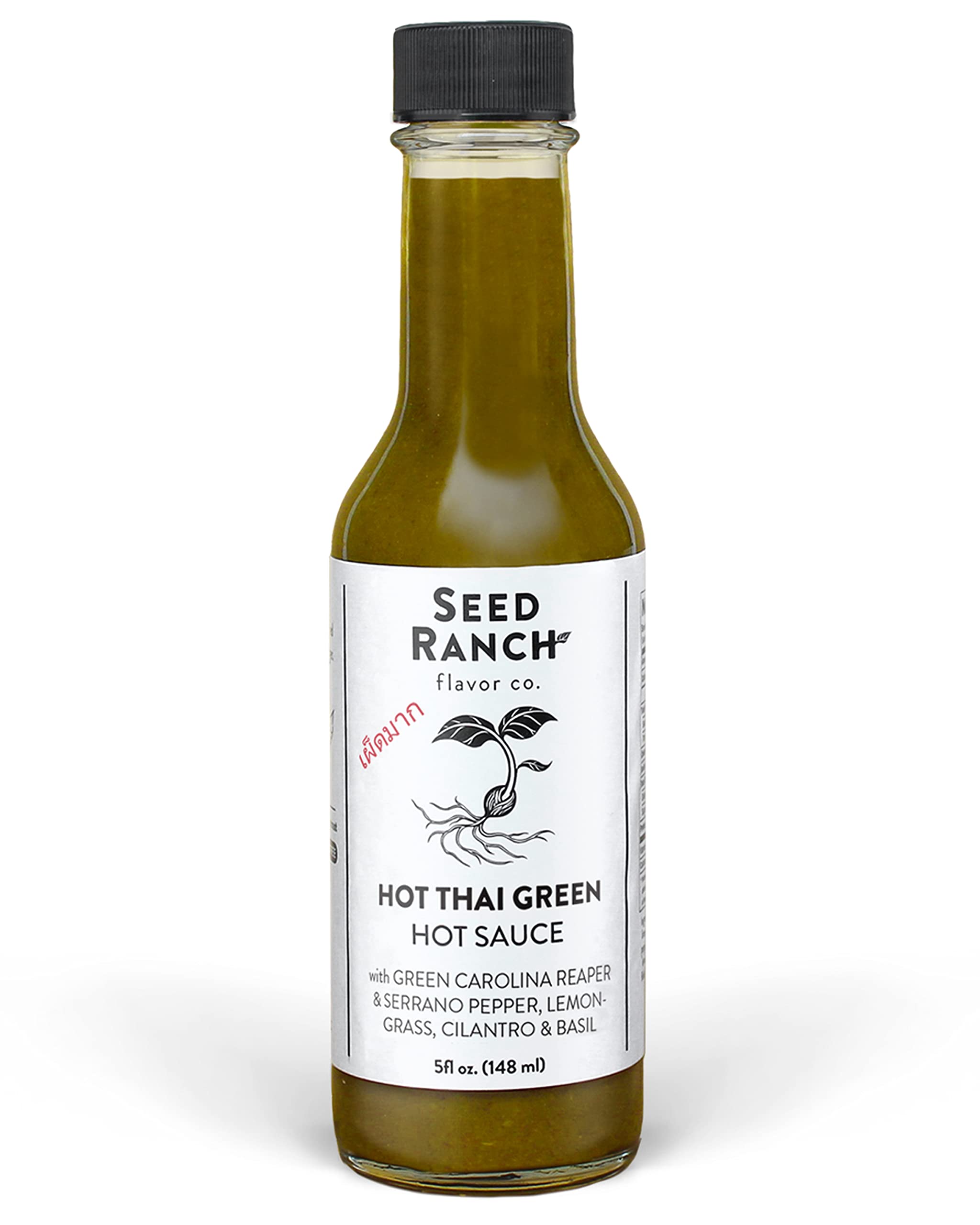 Seed Ranch Hot Thai Sauce - 5 Fl Oz | Spicy Green Carolina Reaper Pepper Sauce | Organic, Vegan, Non-GMO, Gluten-Free Gourmet Hot Sauce | Featured on Hot Ones | Perfect for Rice Bowls, Noodles, Breakfast & Protein Dishes | Adds Fiery Flavor to Asian Cuisine, Wings & Tacos