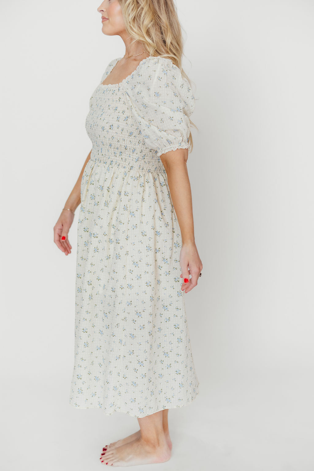 Kinsley Ditsy Floral Smocked Midi Dress - Sky Blue Summer Dress for Women | Perfect for Beach Vacations, Garden Parties & Date Nights