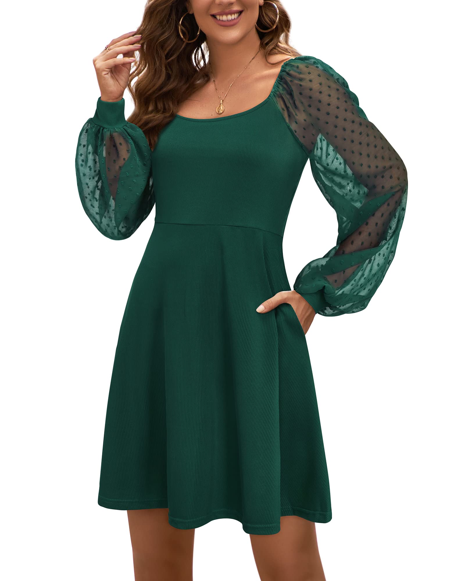 STYLEWORD Women's Elegant Long Sleeve Cocktail Dress - Square Neck Chiffon Formal Gown for Homecoming, Holiday Parties & Fall Events 2023 | Perfect for Weddings, Office Wear & Special Occasions