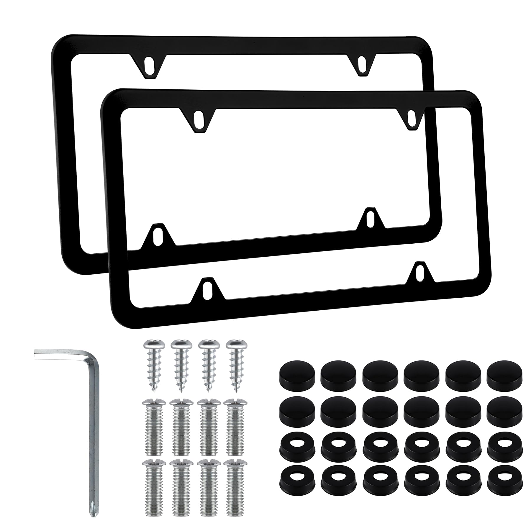 Alpmosn 2PCS Black Stainless Steel License Plate Frames - 4 Hole Car License Plate Covers with Screws, Washers & Caps - Durable US Vehicle License Plate Holder - Perfect for Car Exterior Protection & Customization (Ideal for Cars, Trucks & SUVs)