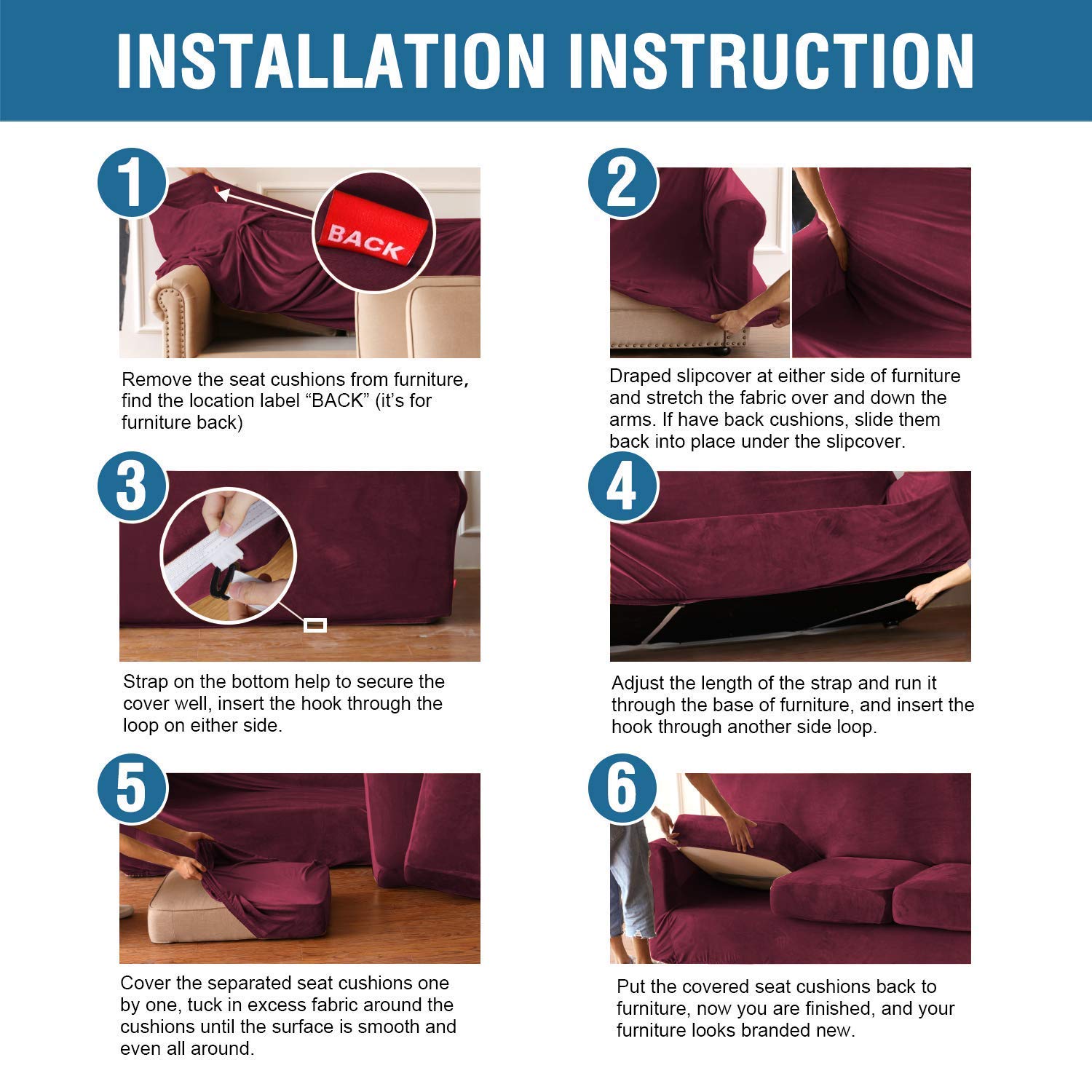 H.VERSAILTEX Velvet Stretch Sofa Covers Set - 3 Cushion Couch, 2 Cushion Loveseat & Armchair Slipcovers (Burgundy) | Soft Protective Furniture Covers for Living Room, Bedroom & Home Decor
