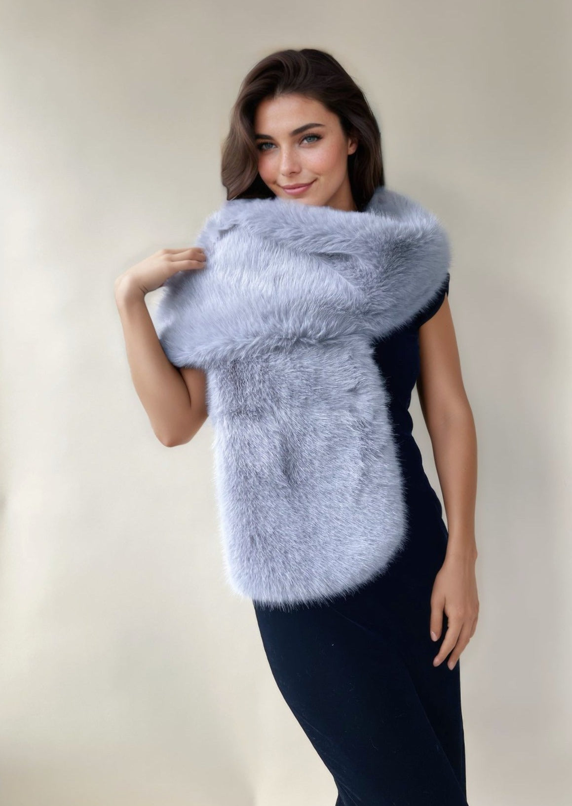 Soft Grey Faux Fur Shawl Wrap with Hooks & Eyes - Elegant Winter Scarf for Women, Cozy Fashion Accessory for Parties, Weddings & Evening Events (Lilian Gry07)