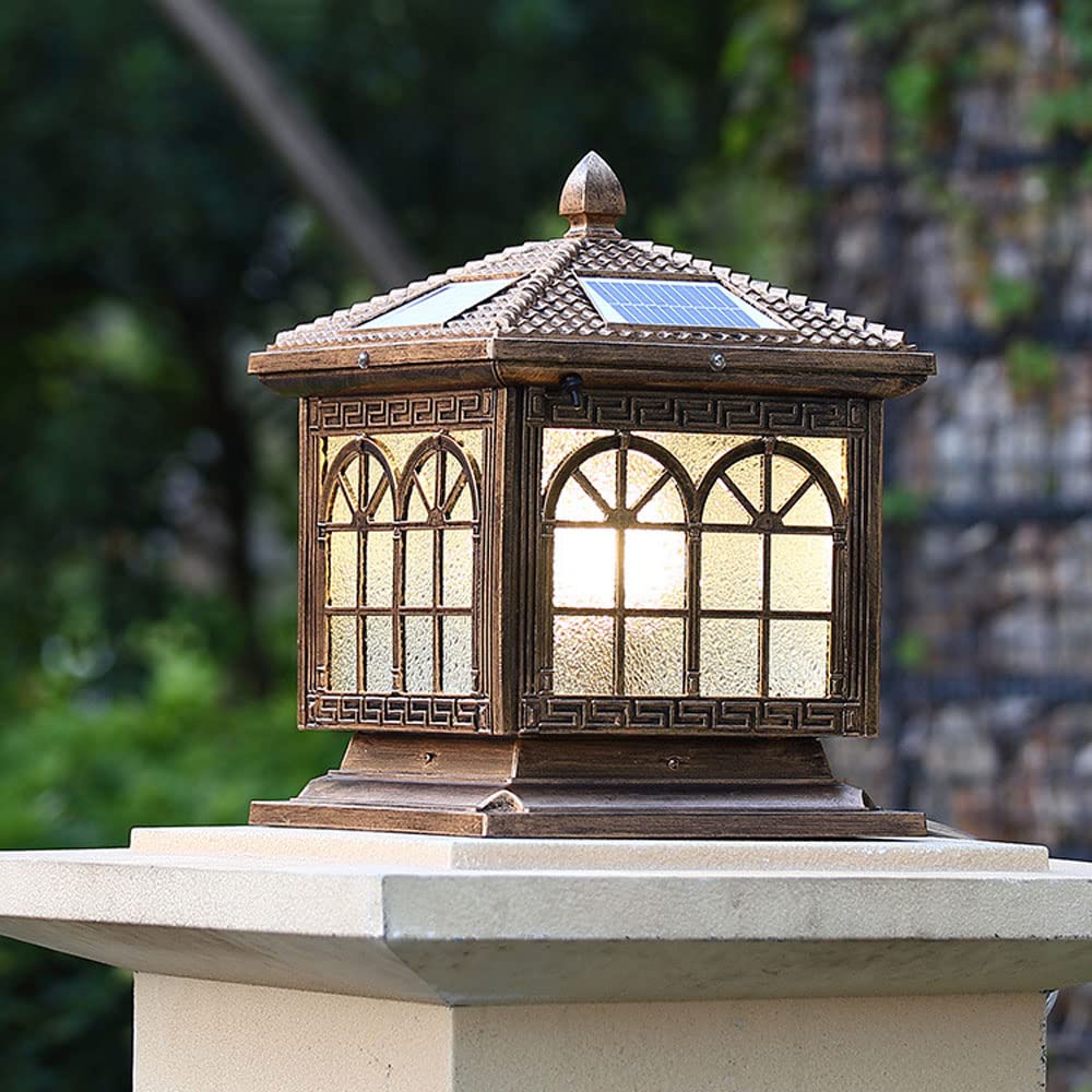 Solar Powered Outdoor Post Light - Dusk to Dawn Sensor, Square Double Arch Design with Seeded Glass Shade, IP65 Waterproof & Dustproof for Garden, Patio, Lawn, Pathway Lighting (Perfect for Landscape & Entryway Illumination)