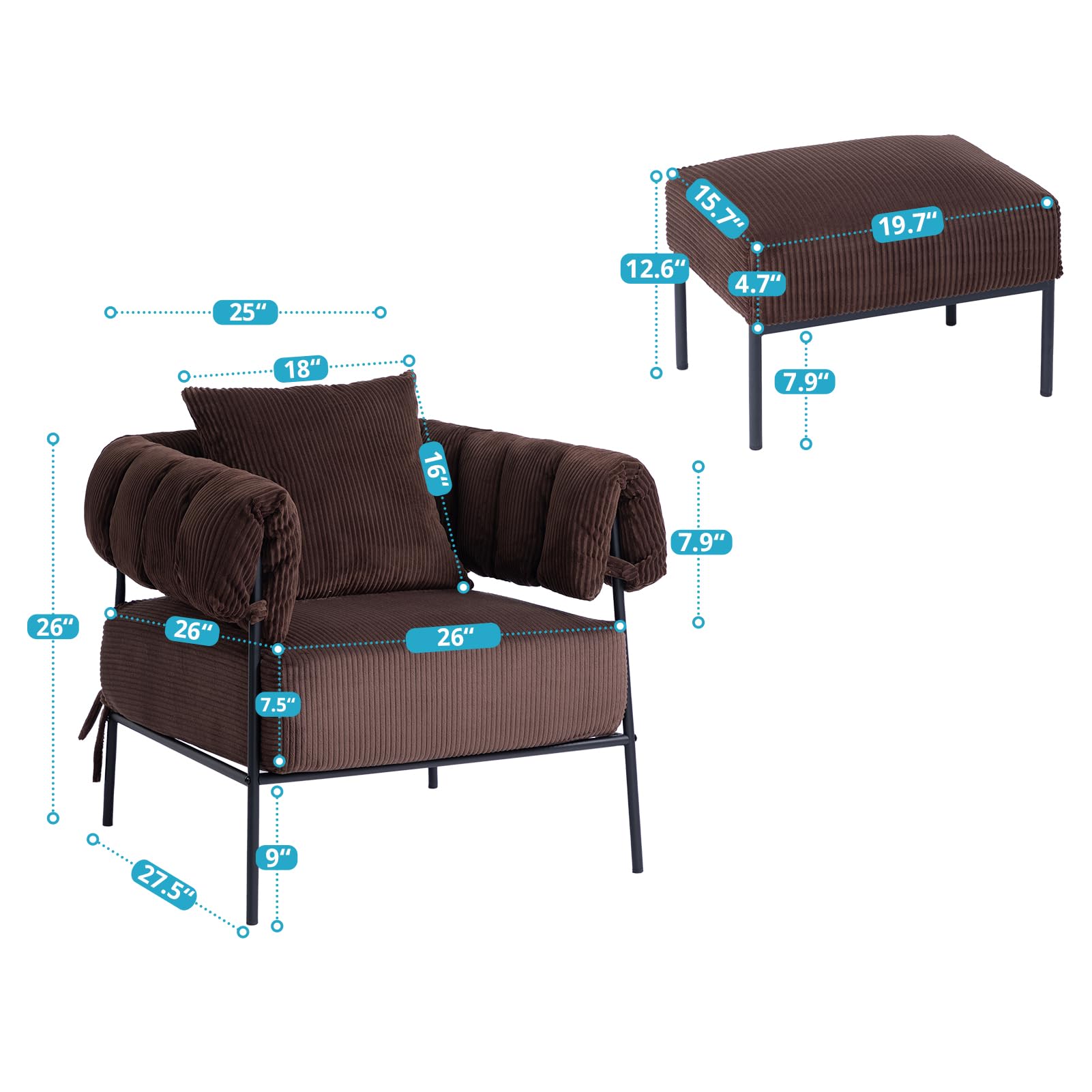 HollyHOME Modern Velvet Accent Chair with Ottoman - Plush Upholstered Reading Armchair & Footstool Set, Large Comfy Lounge Chair for Living Room, Bedroom, Office - Perfect for Relaxing, Reading & Coffee Time