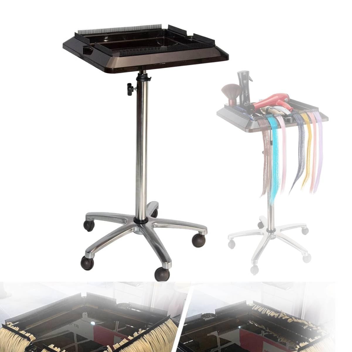 **Adjustable Height Stainless Steel Salon Tray Cart on Wheels - Mobile Hair Extension & Styling Tool Organizer for Salon Professionals | Perfect for Hairdressing, Manicures & Beauty Stations**