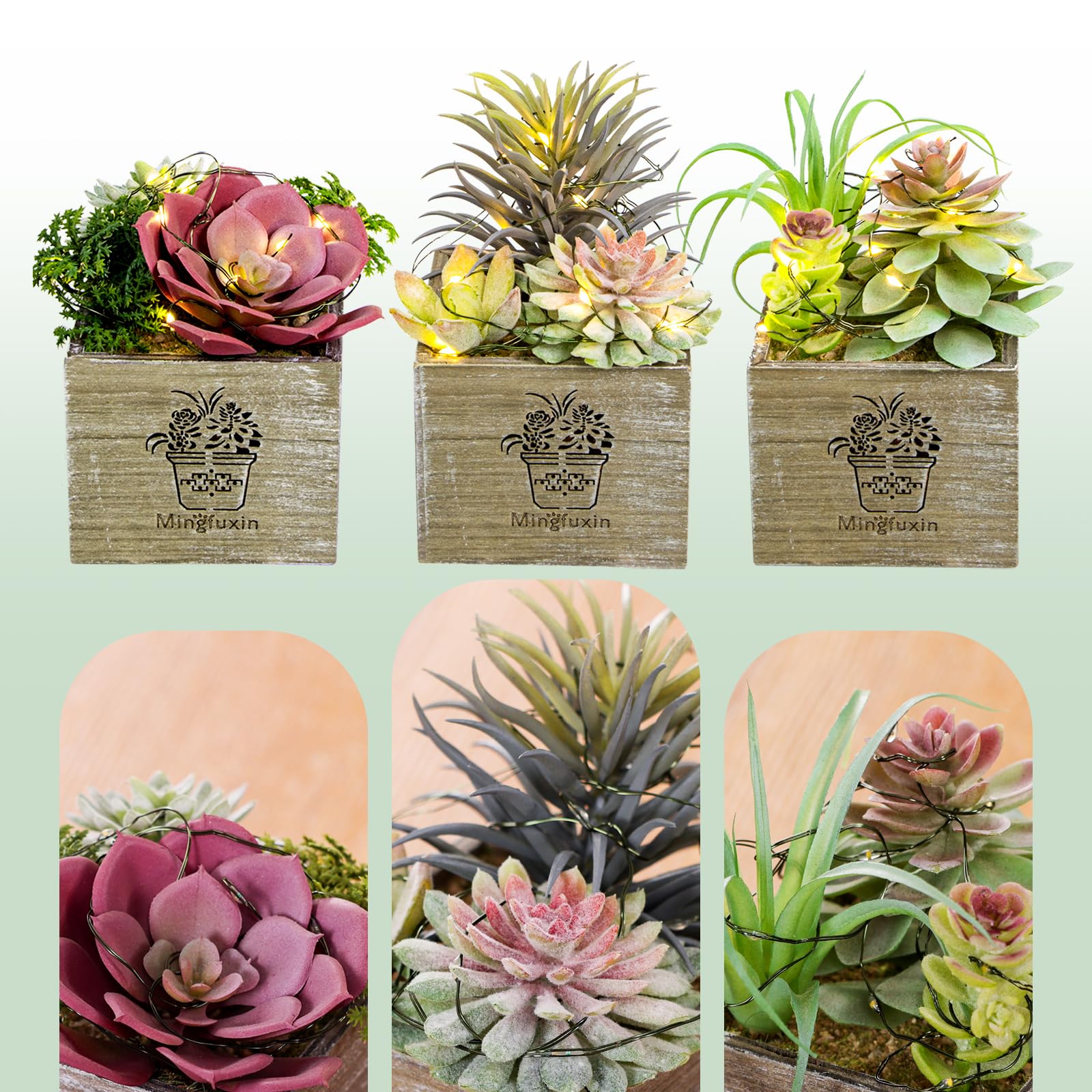 3 Pack Mini Artificial Succulent Plants with LED Lights - Small Fake Plants for Bathroom, Bedroom, Desk & Office Decor - Perfect for Home, Wedding, Party & Gift Giving