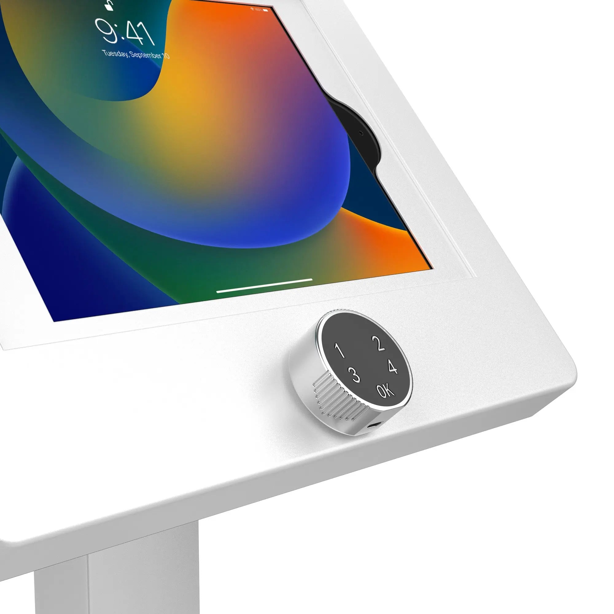 Premium Thin Profile Floor Stand with Digital Password Combination Security Enclosure - Secure Display for Retail Stores, Offices & Homes (White)
