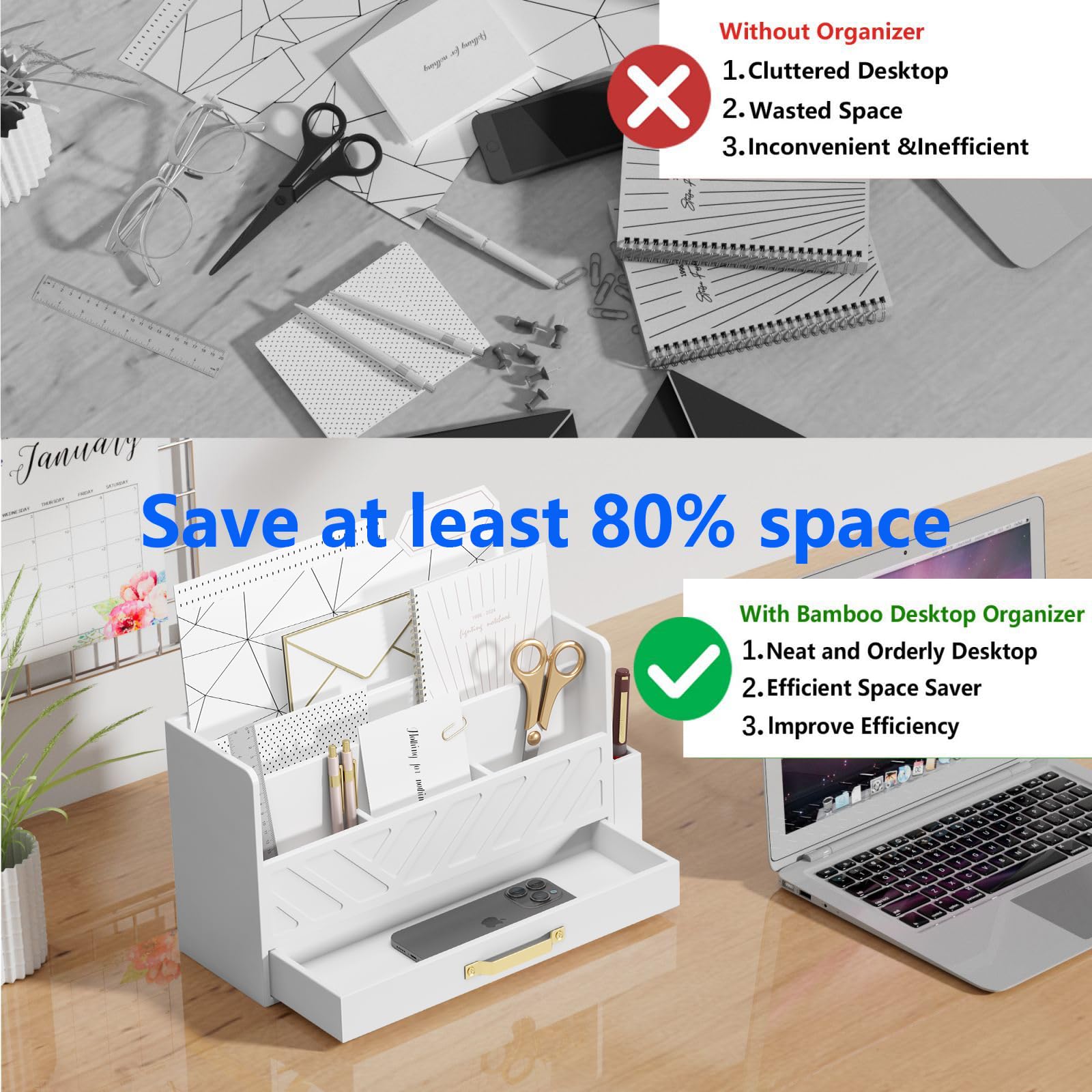 Bamboo Desk Organizer - Wooden Mail & Letter Sorter, Pen Holder, Makeup Organizer with Drawer for Countertop Storage - Perfect for School, Home & Office Supplies (White) - Ideal for Workspace, Study Desk & Office Organization