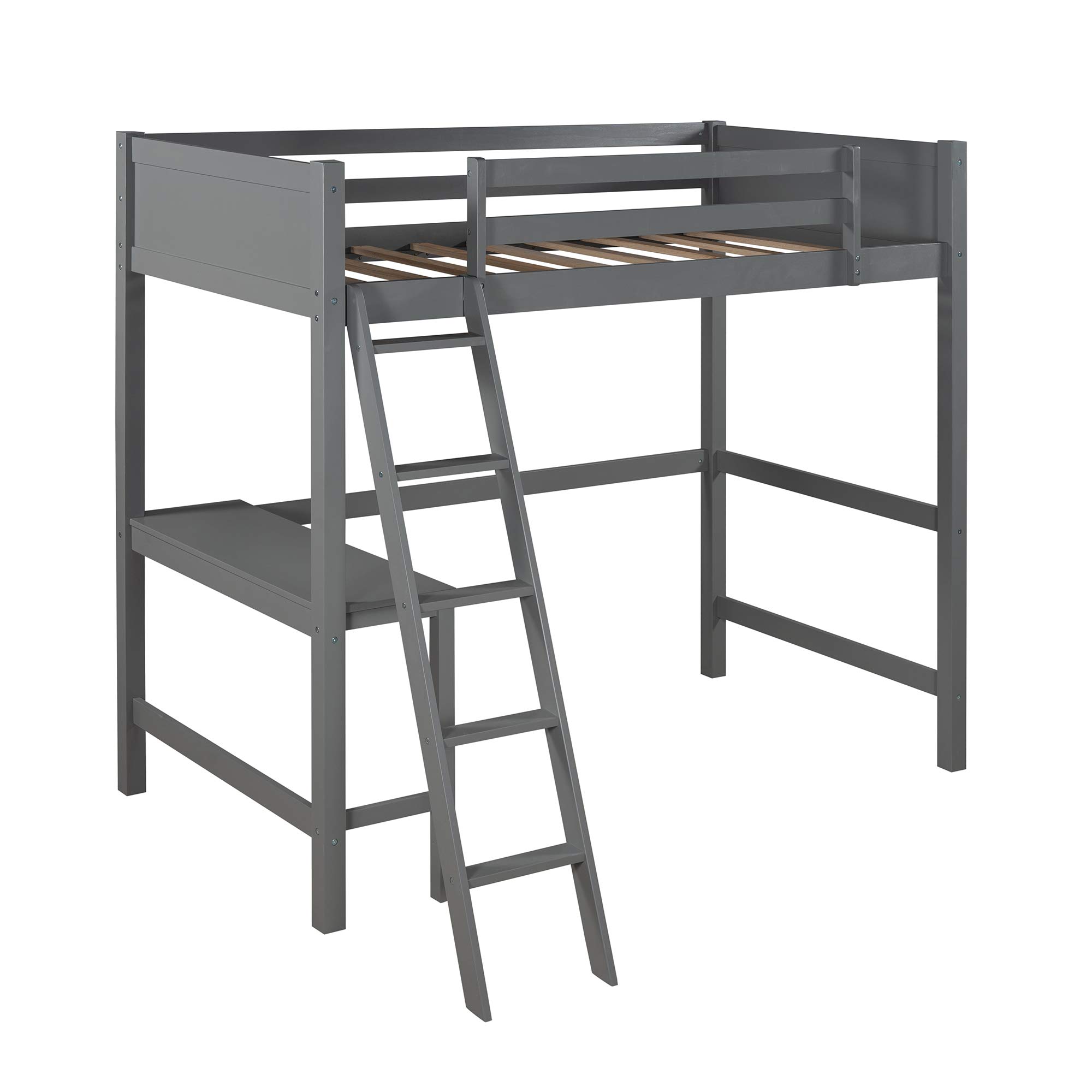 **Kids Twin Loft Bed with Study Desk & Safety Rail - Wooden Bunk Bed with Adjustable Angled Ladder (Left/Right Placement) - Space-Saving Gray Bed for Small Rooms, Dorms & Apartments**