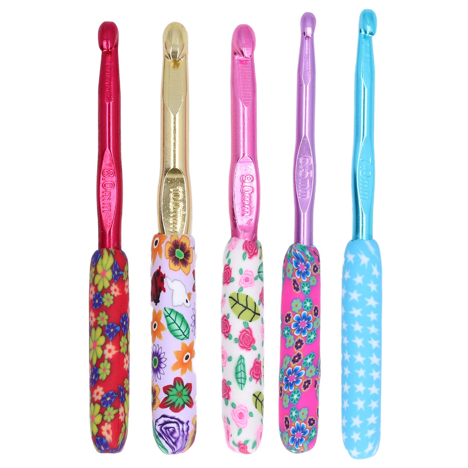 5Pcs Aluminum Ergonomic Crochet Hooks Set - Floral Print Knitting Needles for Comfortable Hand Feel - Perfect for DIY Yarn Crafts, Amigurumi & Blanket Making