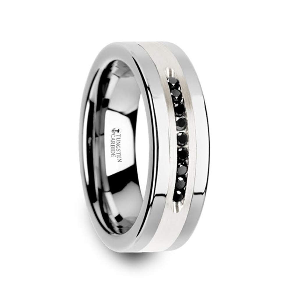 Men's Comfort Fit Flat Tungsten Wedding Band - Brushed Silver Inlay with 9 Channel Set Black Diamonds - 8mm Wide BLACKSTONE Ring - Perfect for Weddings, Anniversaries & Special Occasions