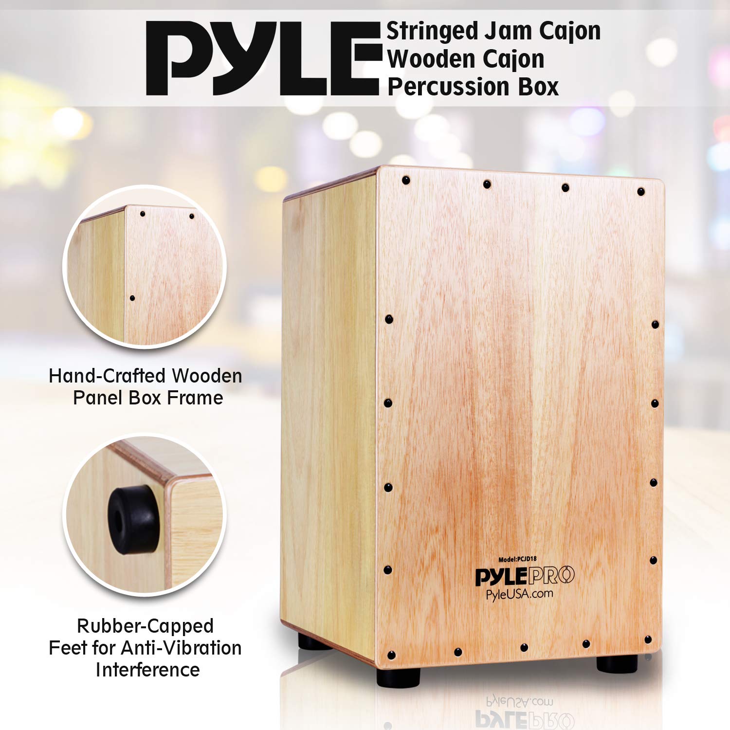 Pyle Jam Wooden Cajon Drum - Handcrafted Compact & Lightweight Percussion Box with Internal Guitar Strings & Rubber Feet - Perfect for Live Performances, Studio Recording & Music Education (PCJD18)