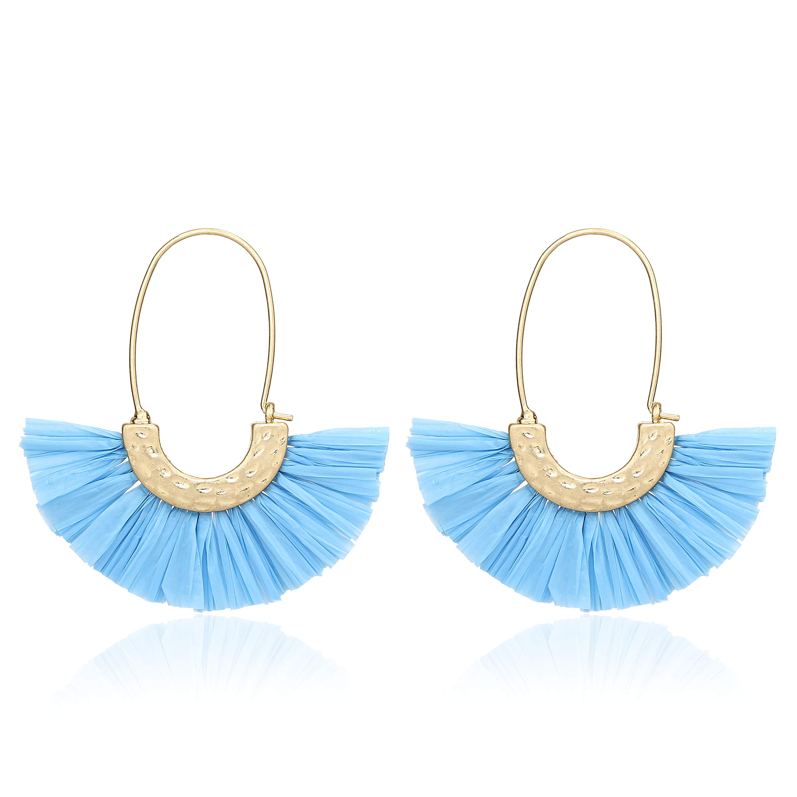 Pomina Colorful Raffia Thread Tassel Earrings - Bohemian Fringe Dangle Hoop Earrings for Women | Summer Fashion Jewelry for Beach, Festival & Boho Outfits