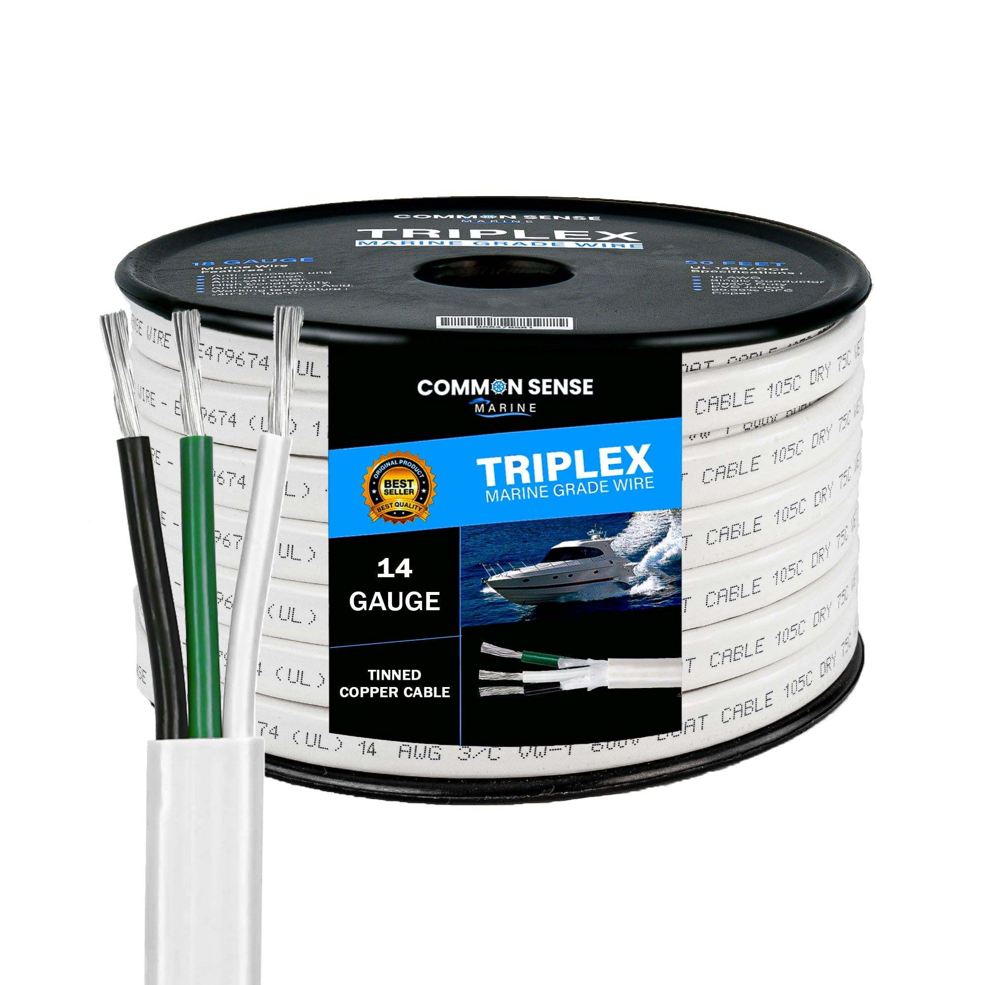 14 Gauge 3 Conductor Marine Grade Triplex Flat Wire - 150 ft Tinned Copper Oxygen-Free PVC Insulated Cable for Boat, Automotive, Speaker, Camper & Trailer Wiring - Perfect for Marine Electronics, Audio Systems, RV Power and Off-Grid Applications