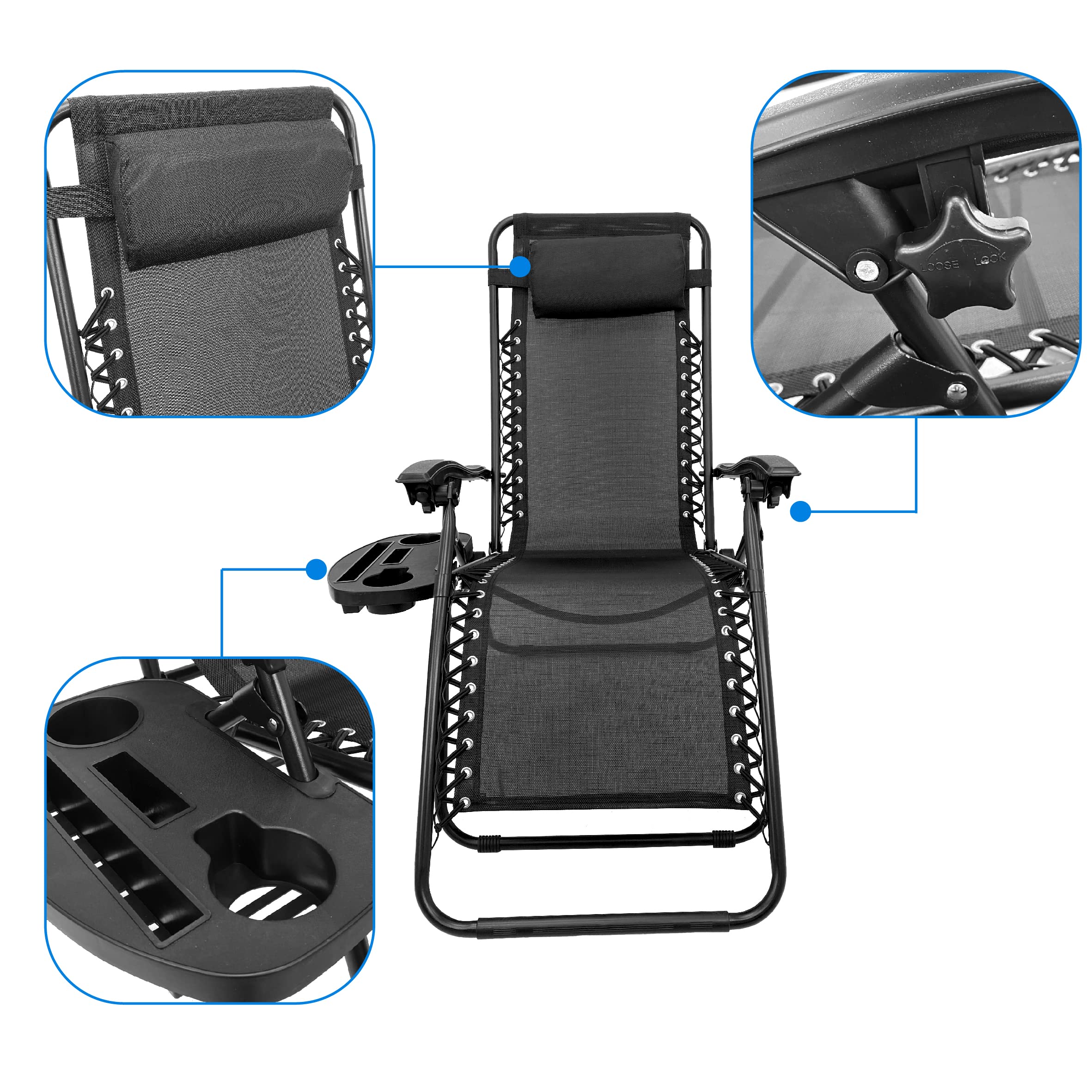 EasyGo Zero Gravity Lounge Chair with Cup Holder - Adjustable Reclining Outdoor Folding Chair for Patio, Deck, Beach & Backyard (2-Pack, Black) - Perfect for Sunbathing, Poolside Relaxation & Outdoor Dining