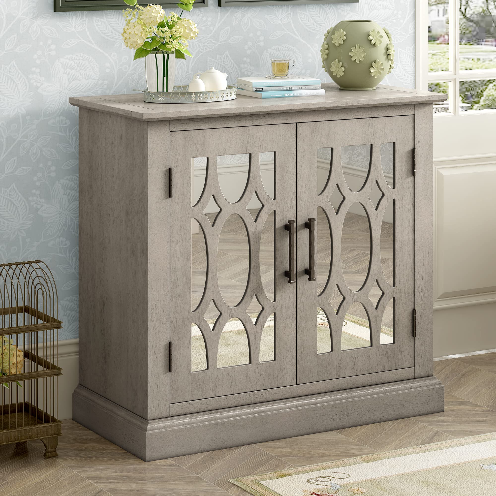 Grey Accent Storage Cabinet with Mirrored Doors - Kitchen Buffet Sideboard with Cabinet for Living Room, Bedroom & Hallway | Perfect for Home Organization & Decor