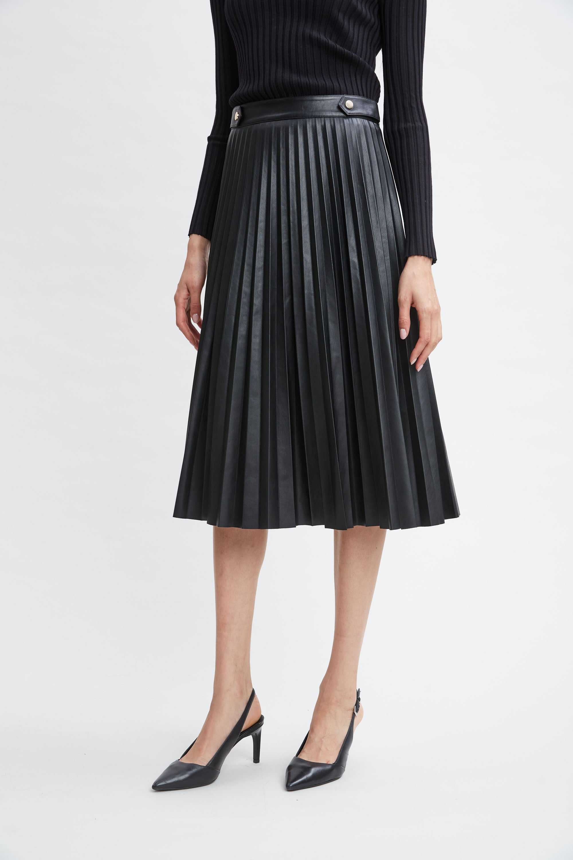 T Tahari Vegan Leather Pleated Midi Skirt for Women - Stylish Faux Leather A-Line Skirt with Elastic Waistband - Perfect for Office, Party & Date Night Outfits