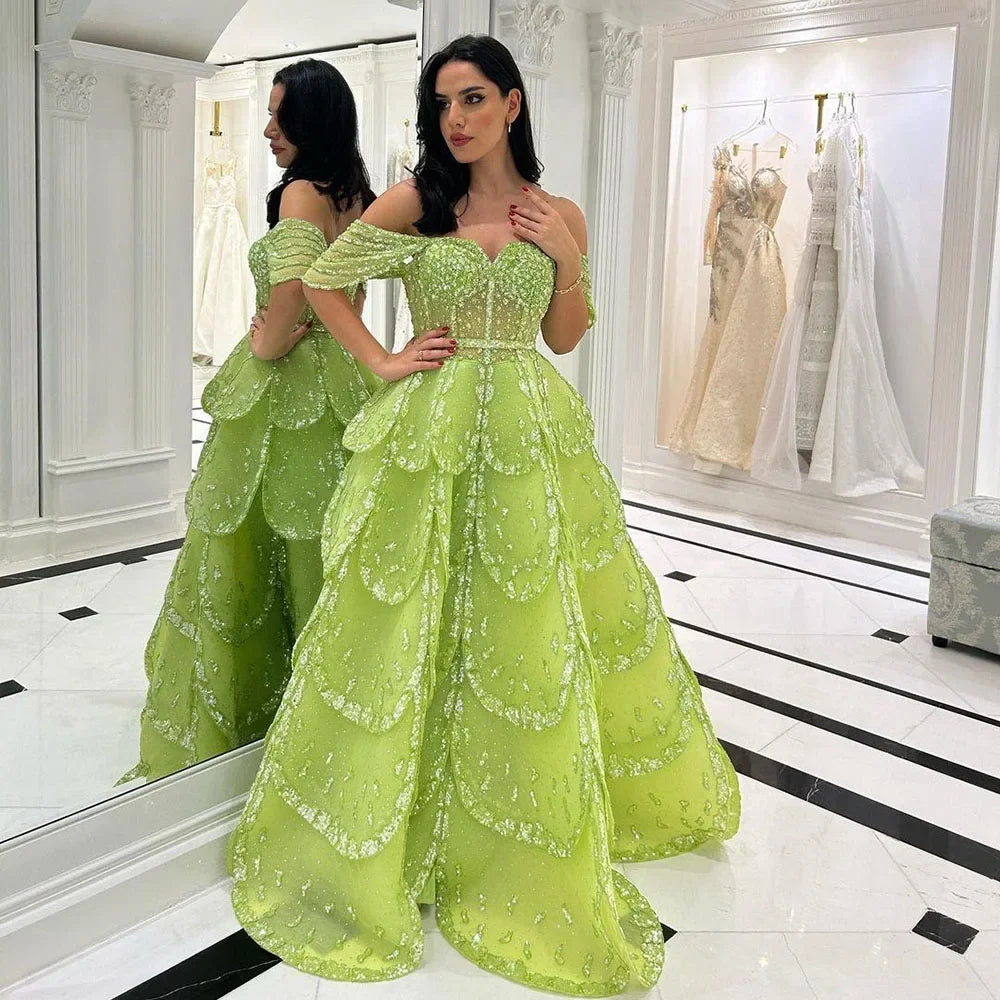 Luxury Beaded Blue A-Line Evening Gown for Women - Arabic Dubai Inspired Wedding Party Dress 2025 | Elegant Formal Gowns for Prom, Bridal Shower & Special Occasions