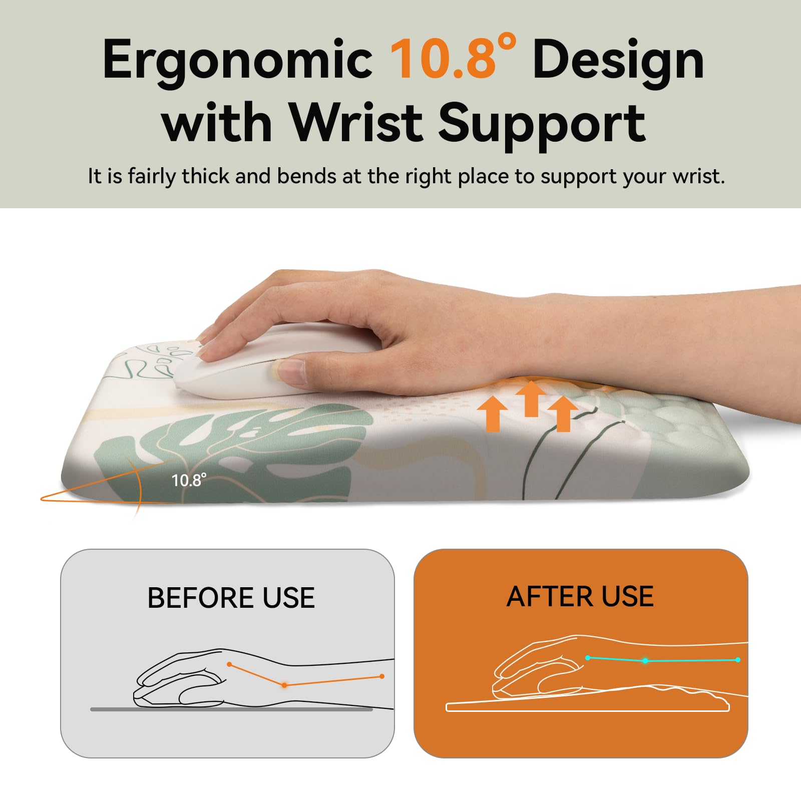 Ergonomic Memory Foam Mouse Pad with Wrist Support - Cute Green Palm Leaves Hawaii Theme for Office & Gaming - Comfortable Wrist Rest for Long Computer Use, Typing, and PC Gaming Sessions