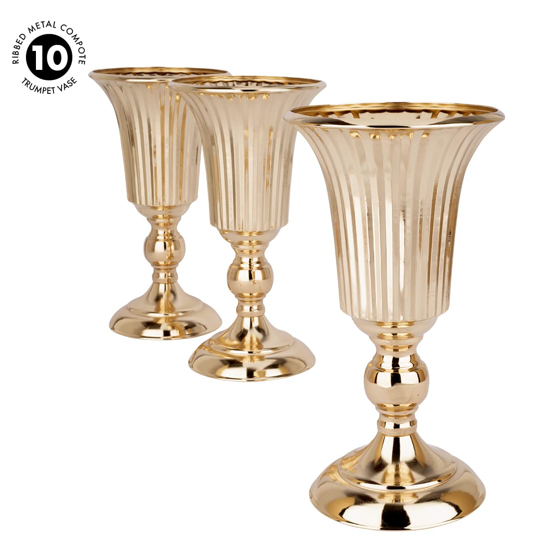 Koyal Wholesale Ribbed Metal Trumpet Vases - Elegant Copper Flower Vases Set of 10 for Wedding Centerpieces, Home Decor & Table Arrangements