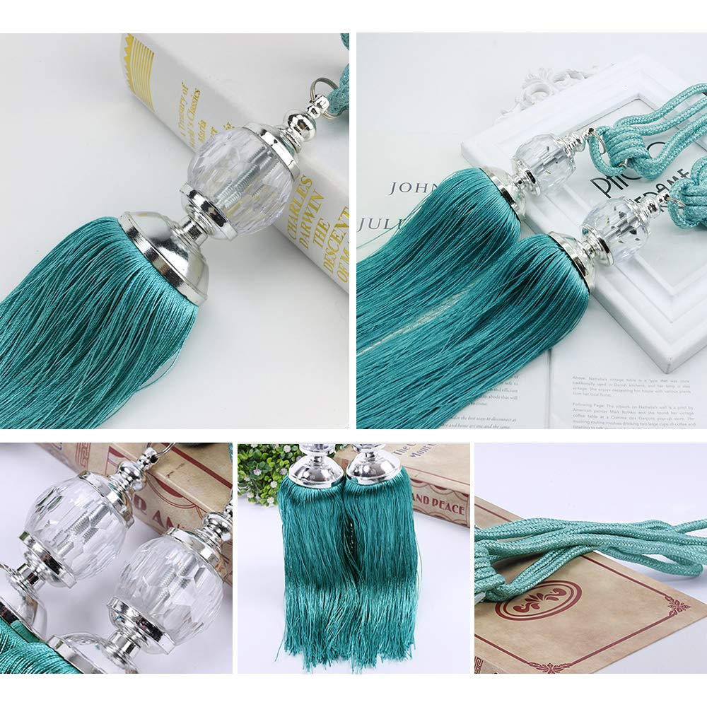 Elegant Peacock Blue Tassel Rope Curtain Tiebacks with Crystal Beads - 2 Pack for Drapes & Window Treatments | Perfect for Living Room, Bedroom, and Home Decor