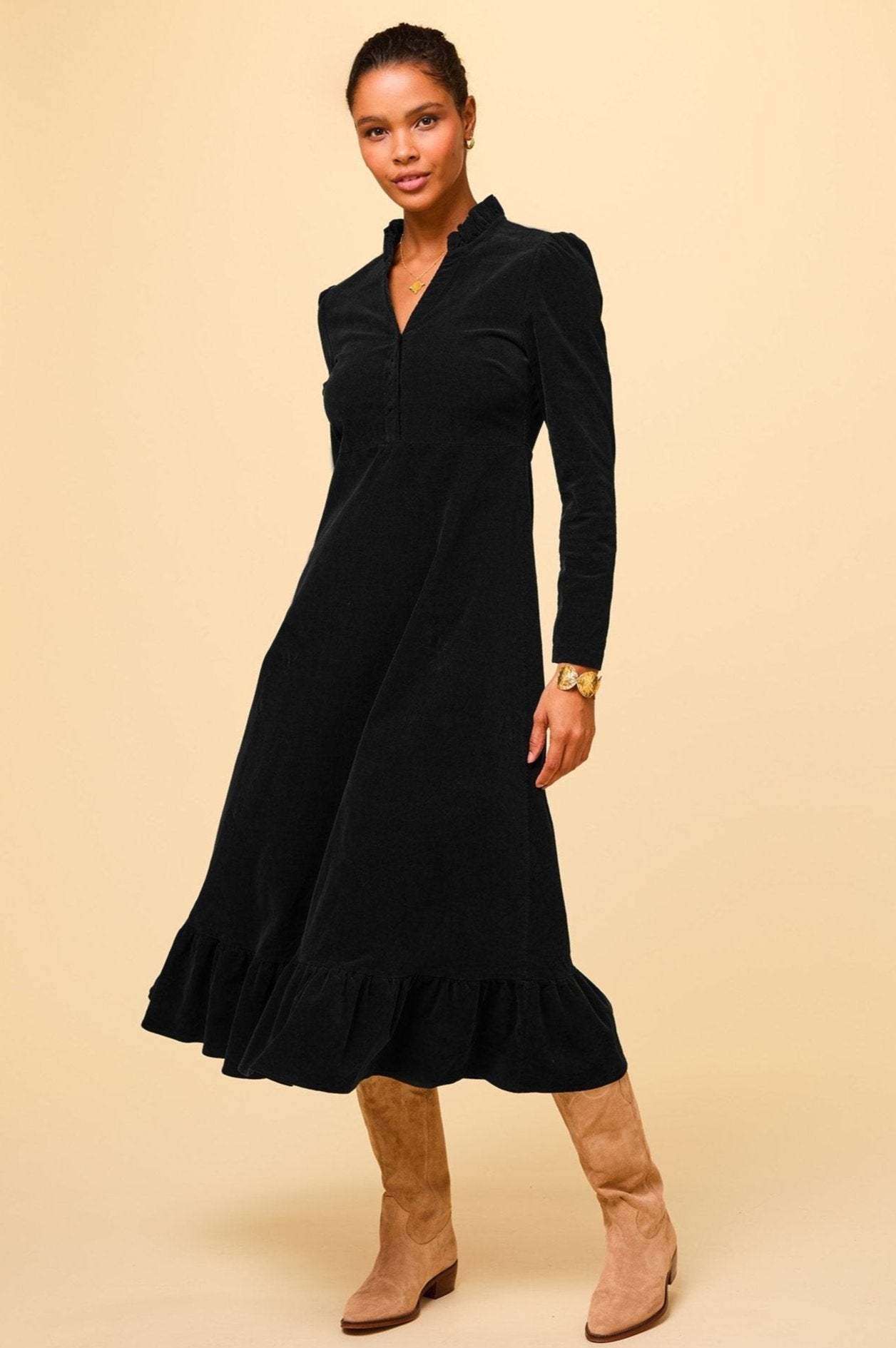 Percy Midi Stretch Corduroy Dress for Women | Soft Comfortable Black Corduroy Skirt Dress | Perfect for Fall Winter Outfits, Office Wear & Casual Dates