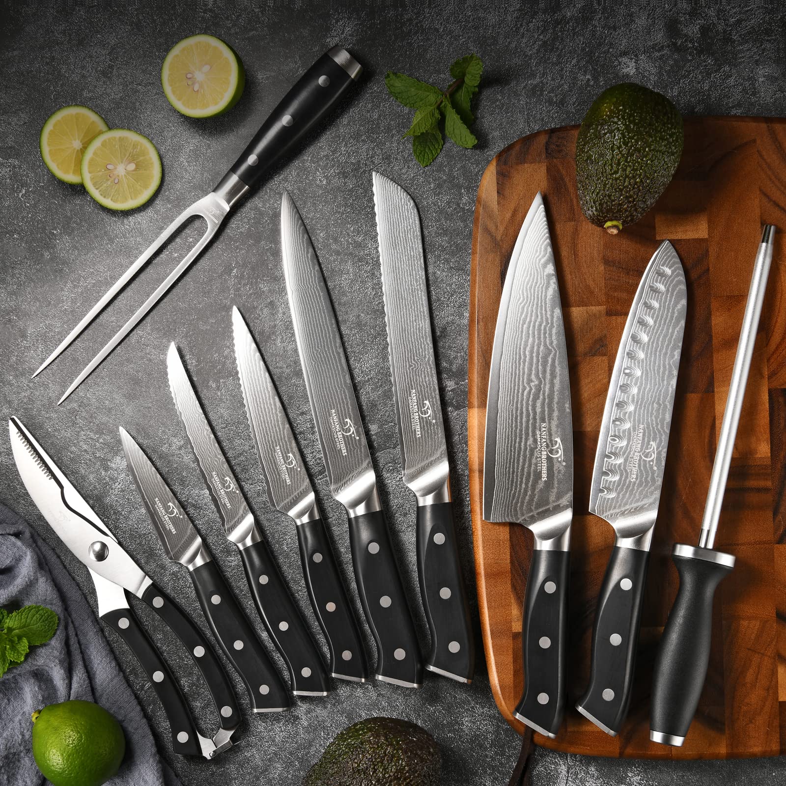 Premium 18-Piece Damascus Steel Knife Set with Block - Chef Knives, Carving Fork, Sharpener & Kitchen Shears - Ergonomic ABS Handles for Professional Cooking & Home Kitchen Use
