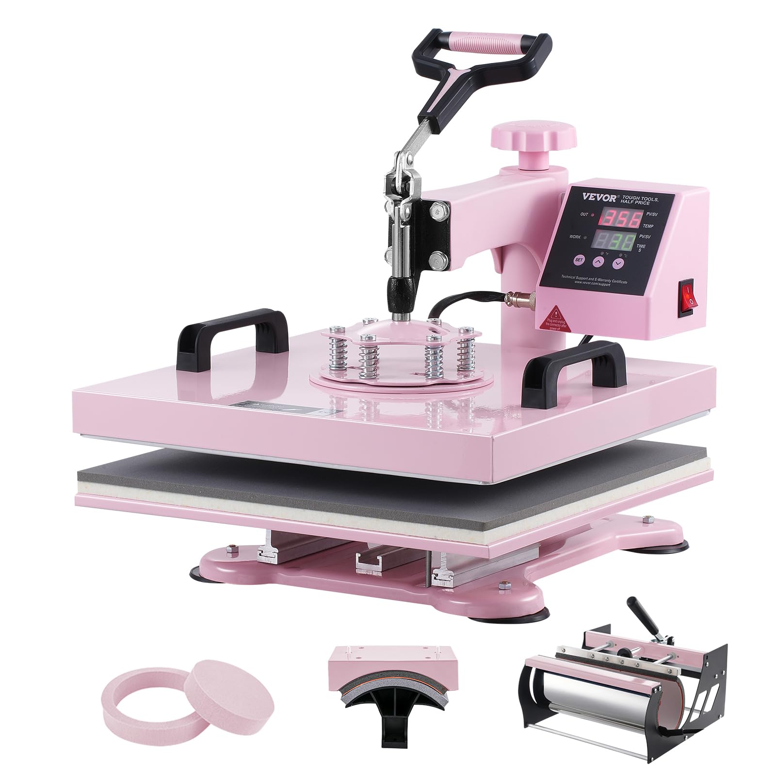 VEVOR 5 in 1 Heat Press Machine with 30 oz Tumbler Press, 15x15 Inch Digital Swing Away Heat Transfer Machine for T-Shirts, Mugs, Hats & Plates - Precise Temperature Control, Pink | DIY Crafts, Custom Apparel, Small Business Printing