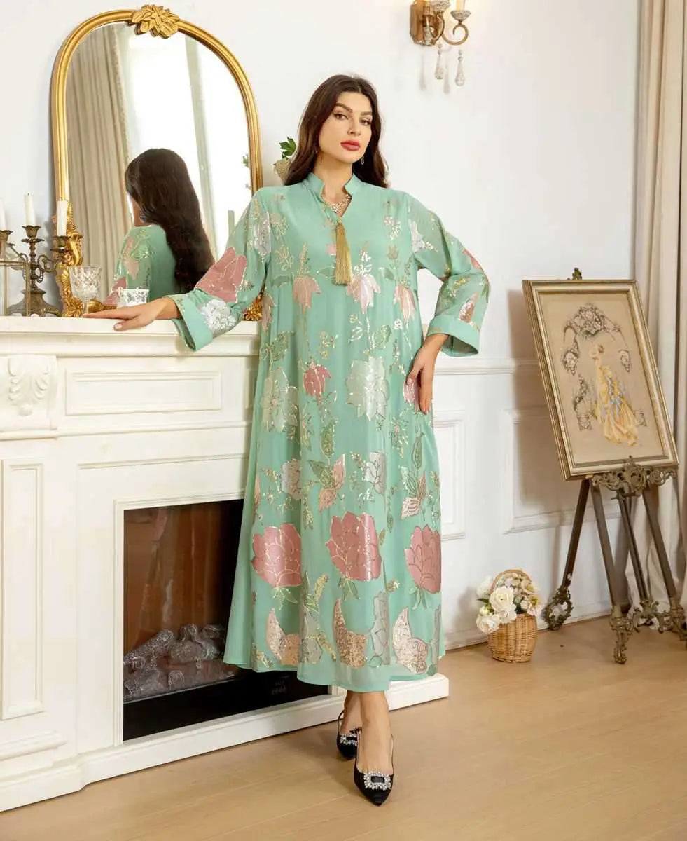 Elegant Eid Dress for Women - Embroidered Sequin Chiffon Kaftan Caftan Outfit | Perfect for Eid Celebrations, Weddings & Special Occasions