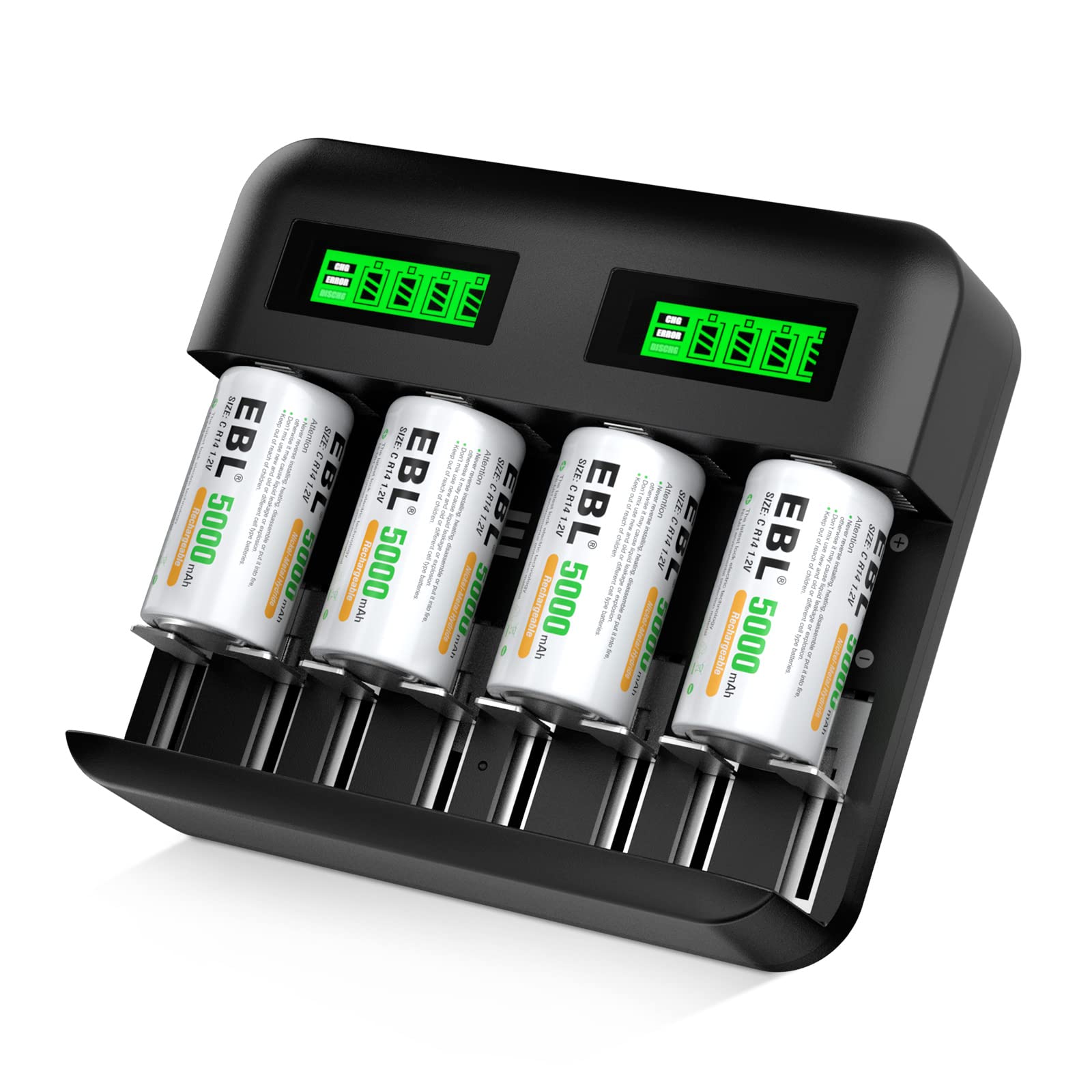 EBL Rechargeable C Batteries (4 Pack) with LCD Battery Charger - Compatible with Ni-MH AA AAA C D Rechargeable Batteries - Perfect for Flashlights, Toys, and Home Electronics