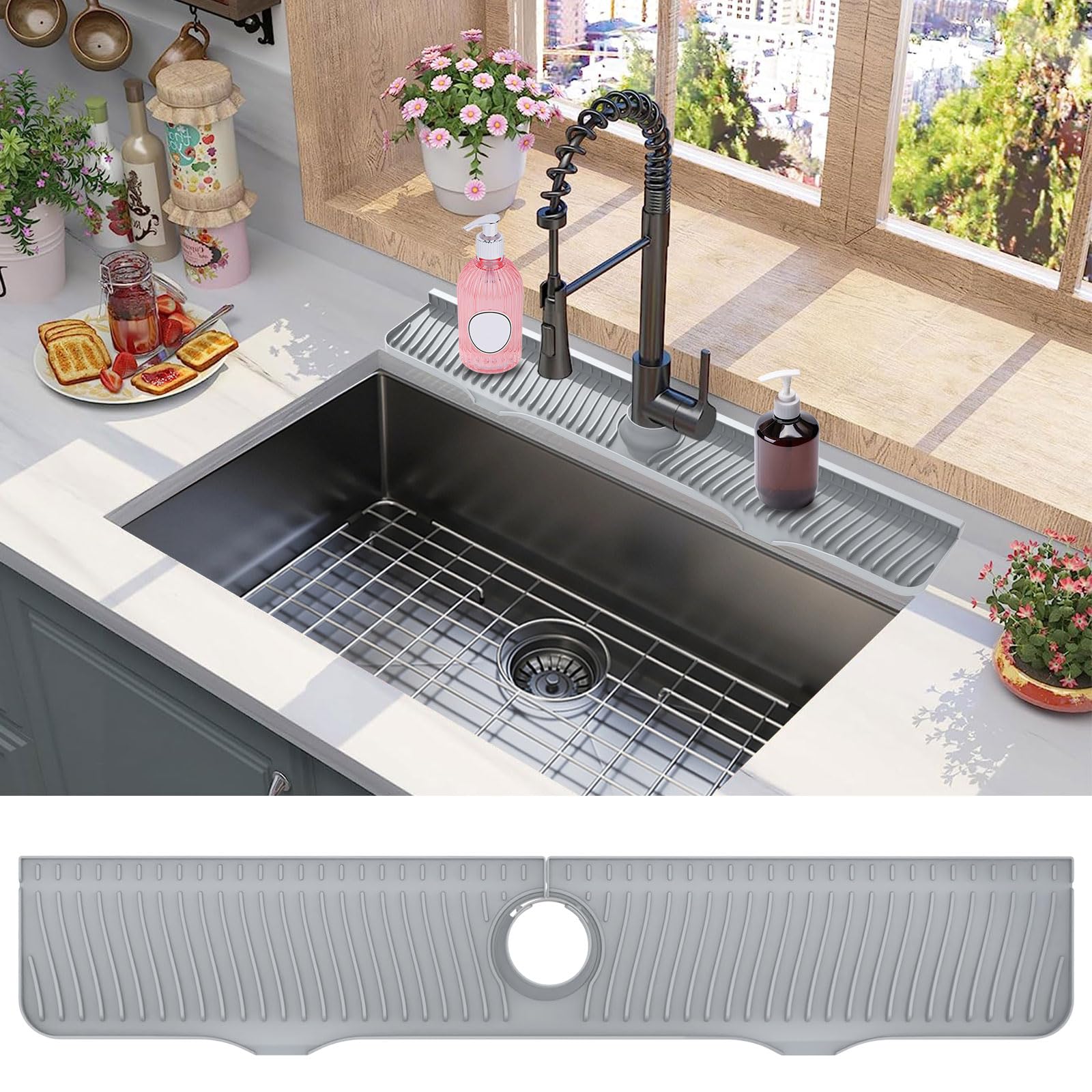32 Inch Stainless Steel Sink Splash Guard - Non-Slip Kitchen Sink Drying Mat & Countertop Faucet Drip Catcher Tray with Sponge Holder (Gray) - Perfect for Dish Drying, Counter Protection & Kitchen Organization