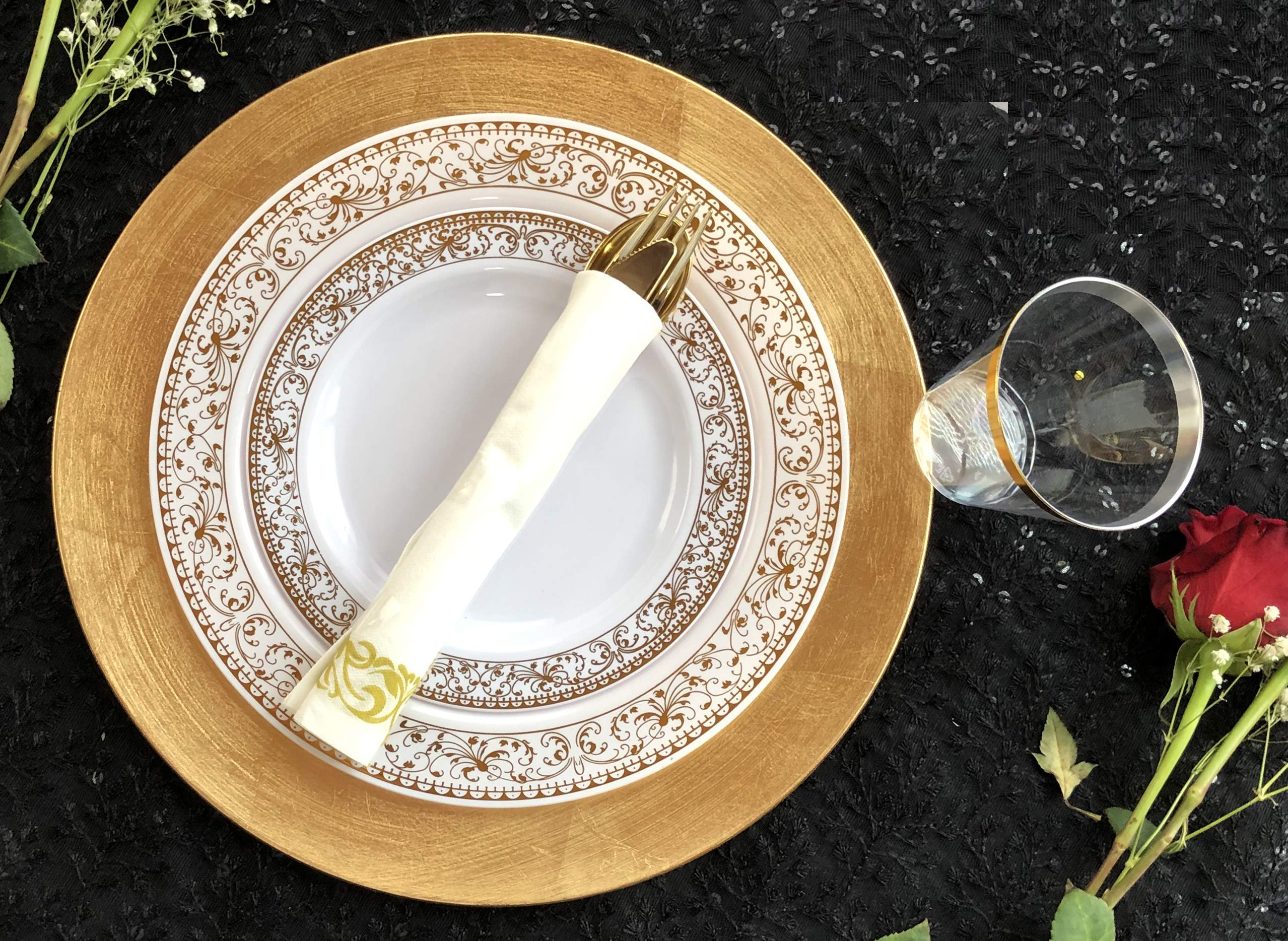 175-Piece Gold Plastic Disposable Dinnerware Set - 25 Dinner Plates, 25 Dessert Plates, 25 Forks, 25 Knives, 25 Spoons, 25 Cups & 25 Napkins with Gold Rim - Perfect for Parties, Weddings, and Special Events
