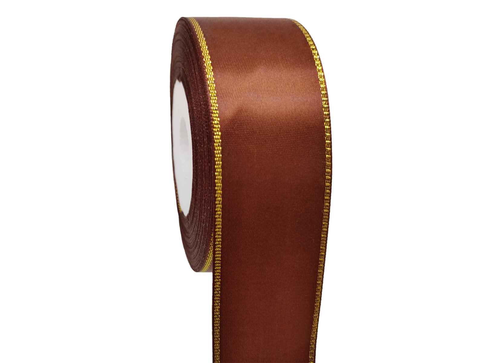 1 1/2 Inch 25 Yards Brown Satin Ribbon with Golden Edge - Double Faced Gift Wrapping Ribbon for Wedding, Baby Shower, Party Decorations & DIY Crafts - Perfect for Gift Packaging, Scrapbooking & Home Decoration