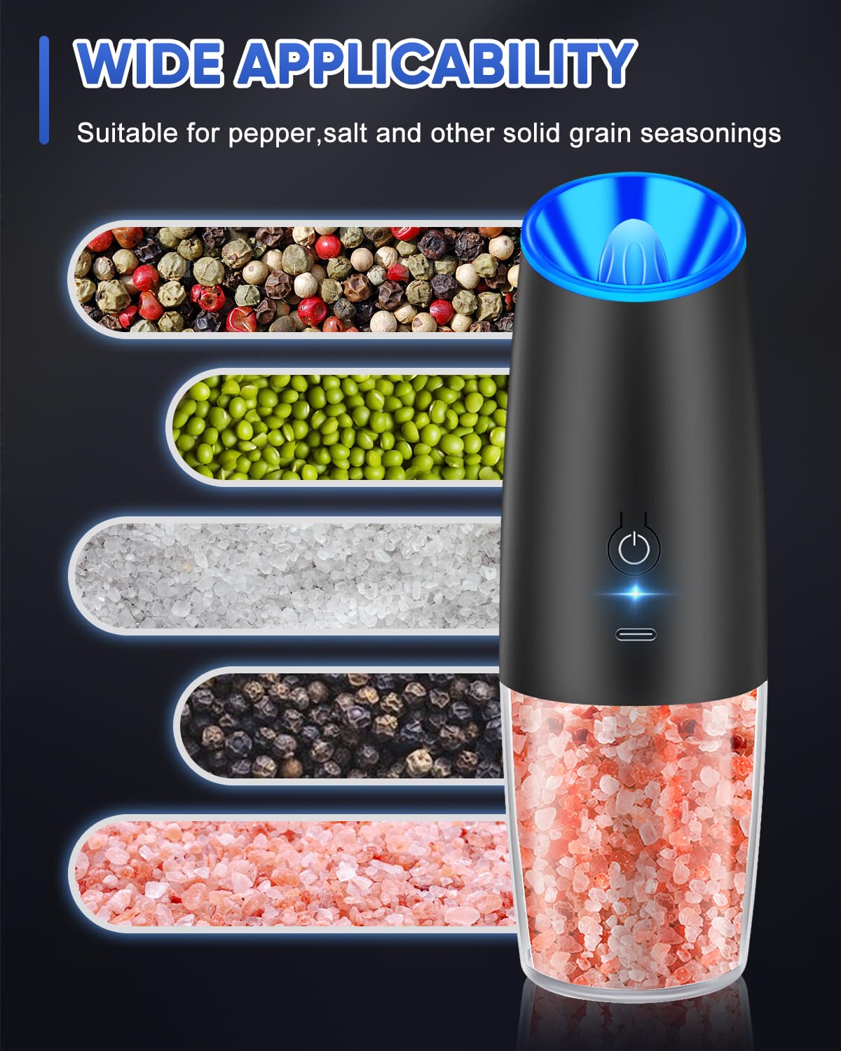 Rechargeable Electric Pepper and Salt Grinder Set - Adjustable Coarseness, LED Light, One-Hand Operation, Stainless Steel (2-Pack Black) - Perfect for Kitchen, Dining Table, Camping & Gifts