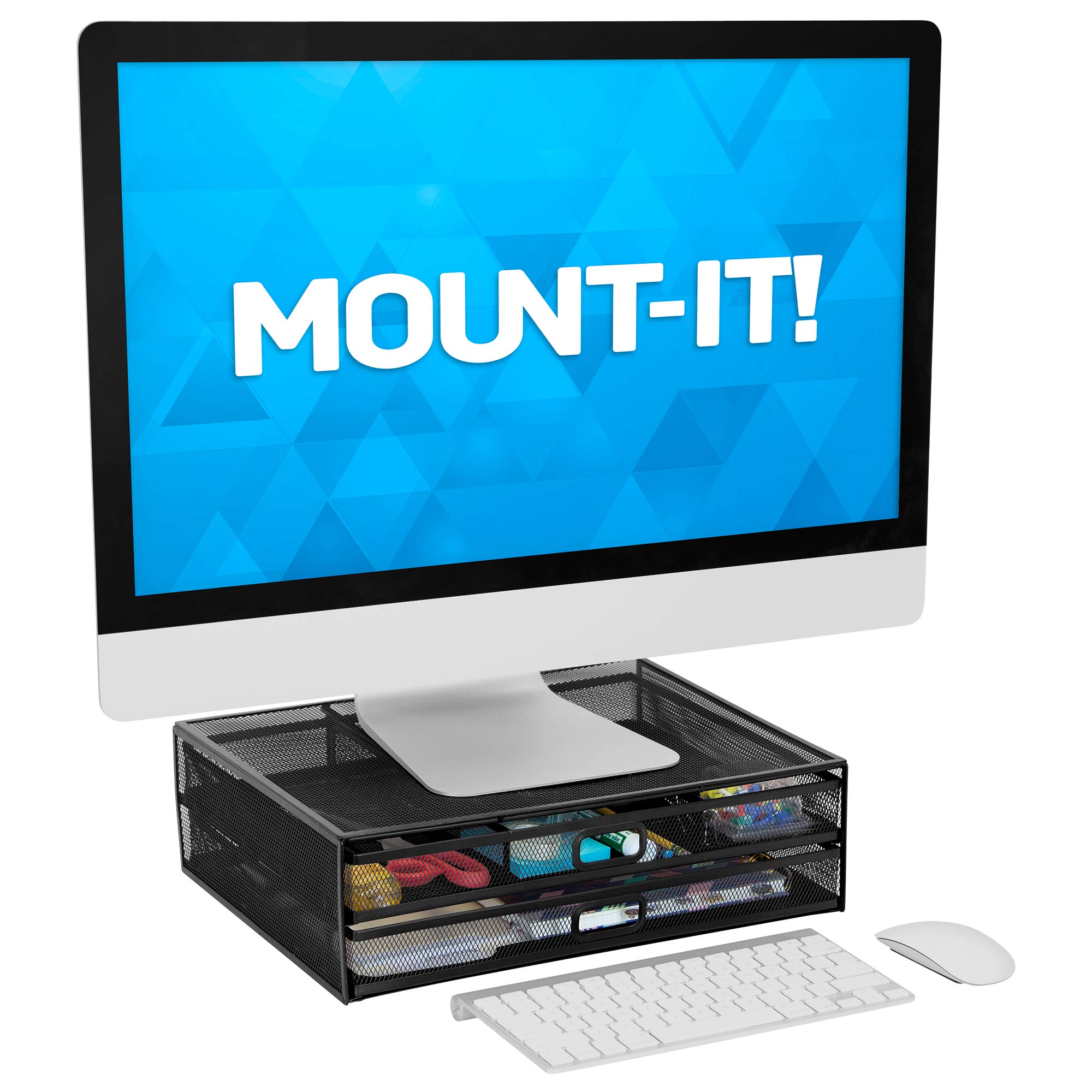 MOUNT-IT! Black Metal Mesh Monitor Stand with Drawers - Adjustable Computer Screen Riser & Organizer for Laptops, Printers & Office Supplies - Perfect for Home Office & Workspace Organization