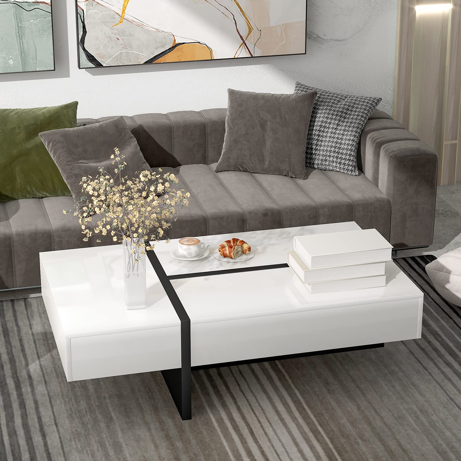Modern Rectangle Coffee Table with Unique Design - High Gloss Cocktail Table for Living Room - 45.2 x 25.5 x 13.7 Inches Center Table for Sofa or Lounge Chairs - Easy Assembly - Perfect for Small Spaces, Apartments & Contemporary Home Decor