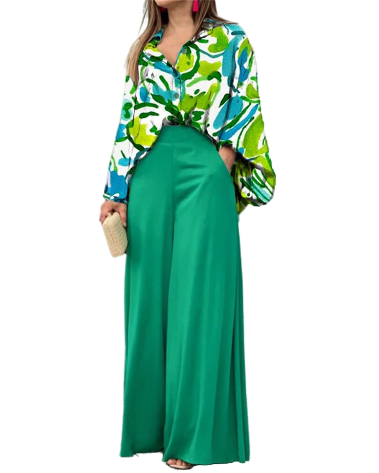Women's Floral Print Button Down Shirt & Trousers 2-Piece Outfit Set | Summer Office Wear | Professional Work Attire & Business Casual Outfits