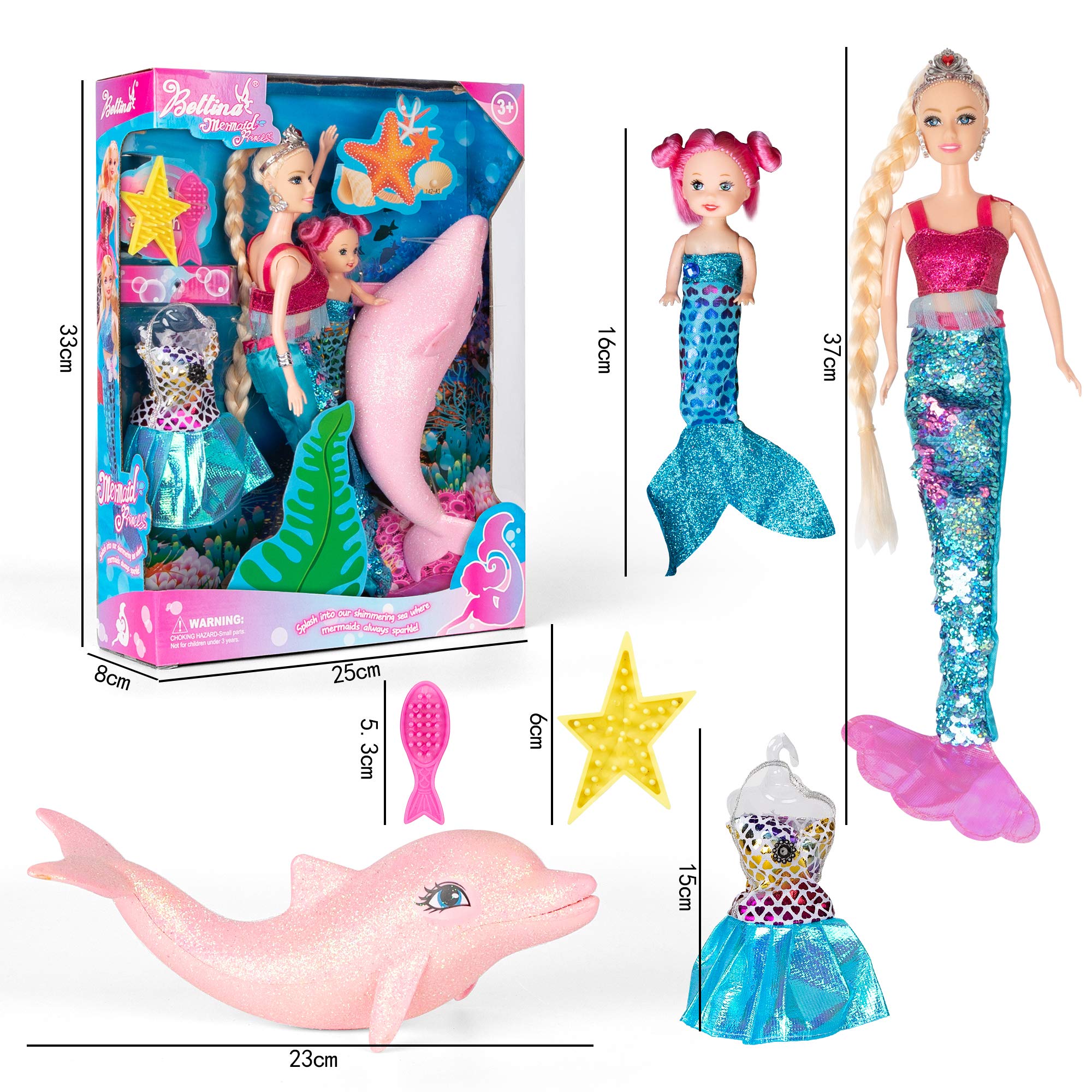 **Mermaid Princess Doll Set with Little Mermaid & Pink Dolphin - Blonde Hair Mermaid Toy with Accessories - Perfect Gift for Girls Ages 3-7 - Underwater Adventure Play for Kids**