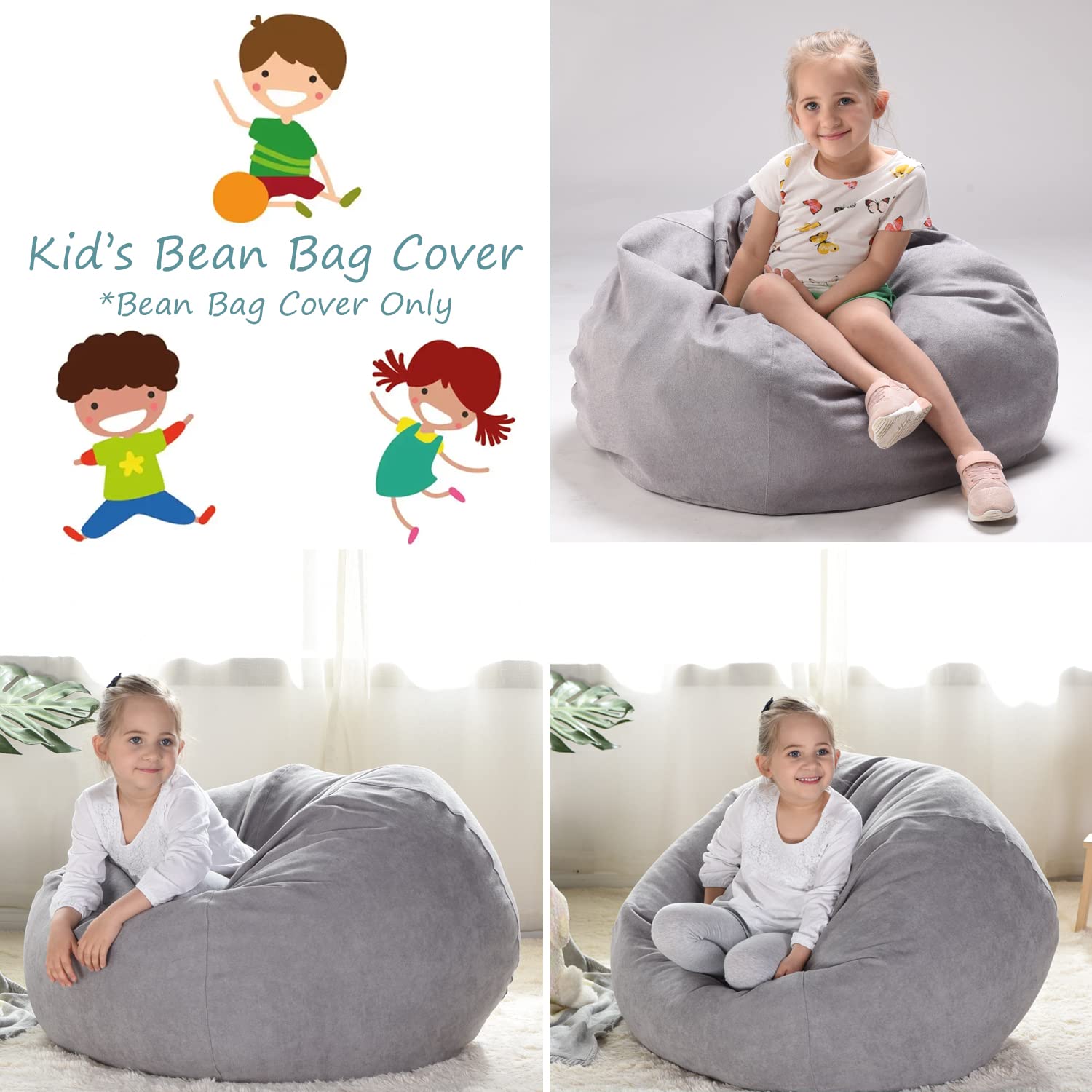 YuppieLife Extra Large 38'' Stuffed Animals Bean Bag Chair Cover - Grey (Just Cover, No Filling) | Kids Toy Storage & Organization | Perfect for Playrooms, Bedrooms & Daycare Centers