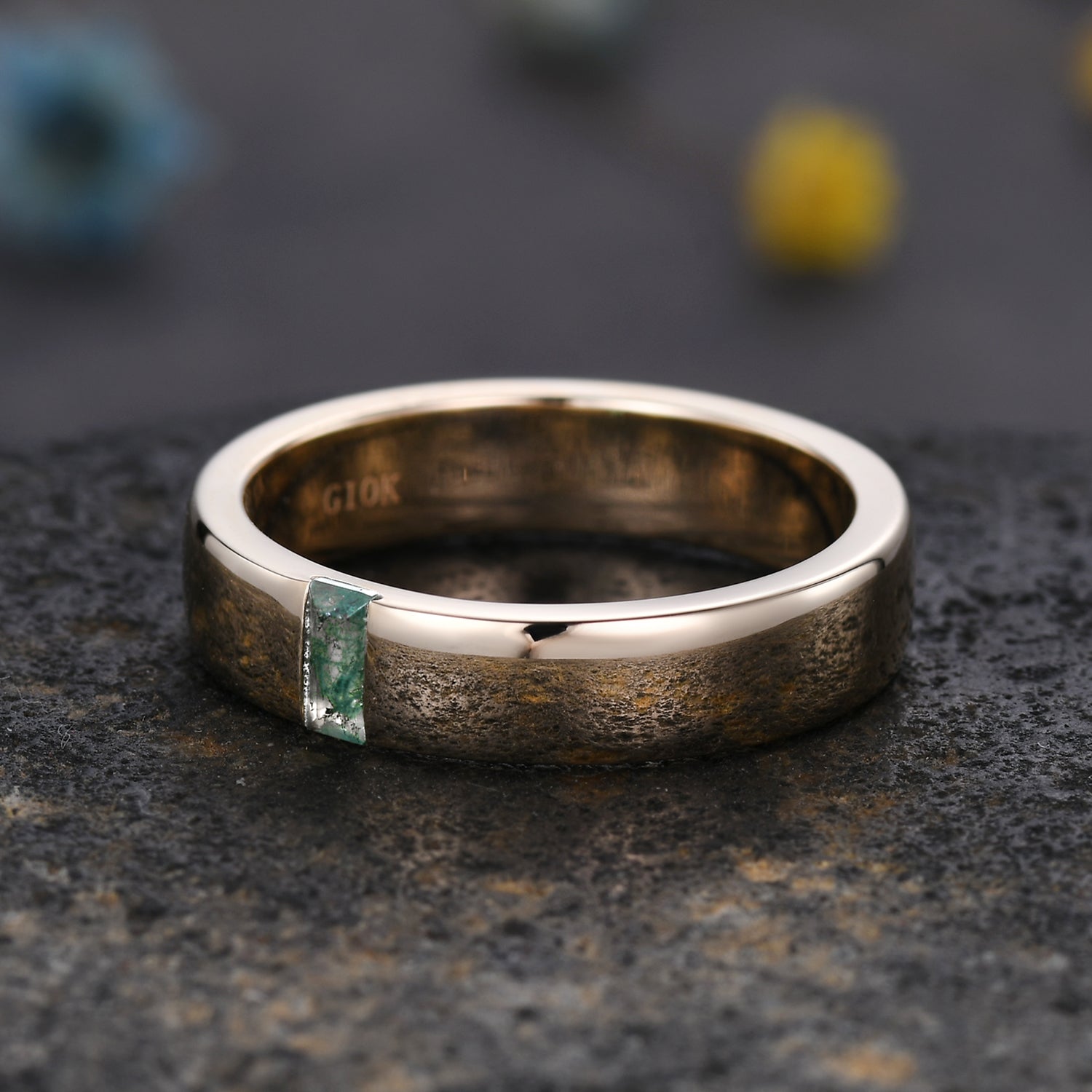 Unique 5mm Baguette Moss Agate Men's Yellow Gold Wedding Band - Perfect for Engagement Rings, Anniversary Gifts & Luxury Jewelry Collections
