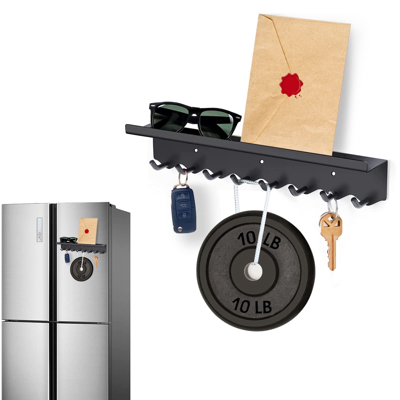 Magnetic Key Holder Wall Mount with 8 Hooks - Space Saving Entryway Organizer for Keys & Mail
