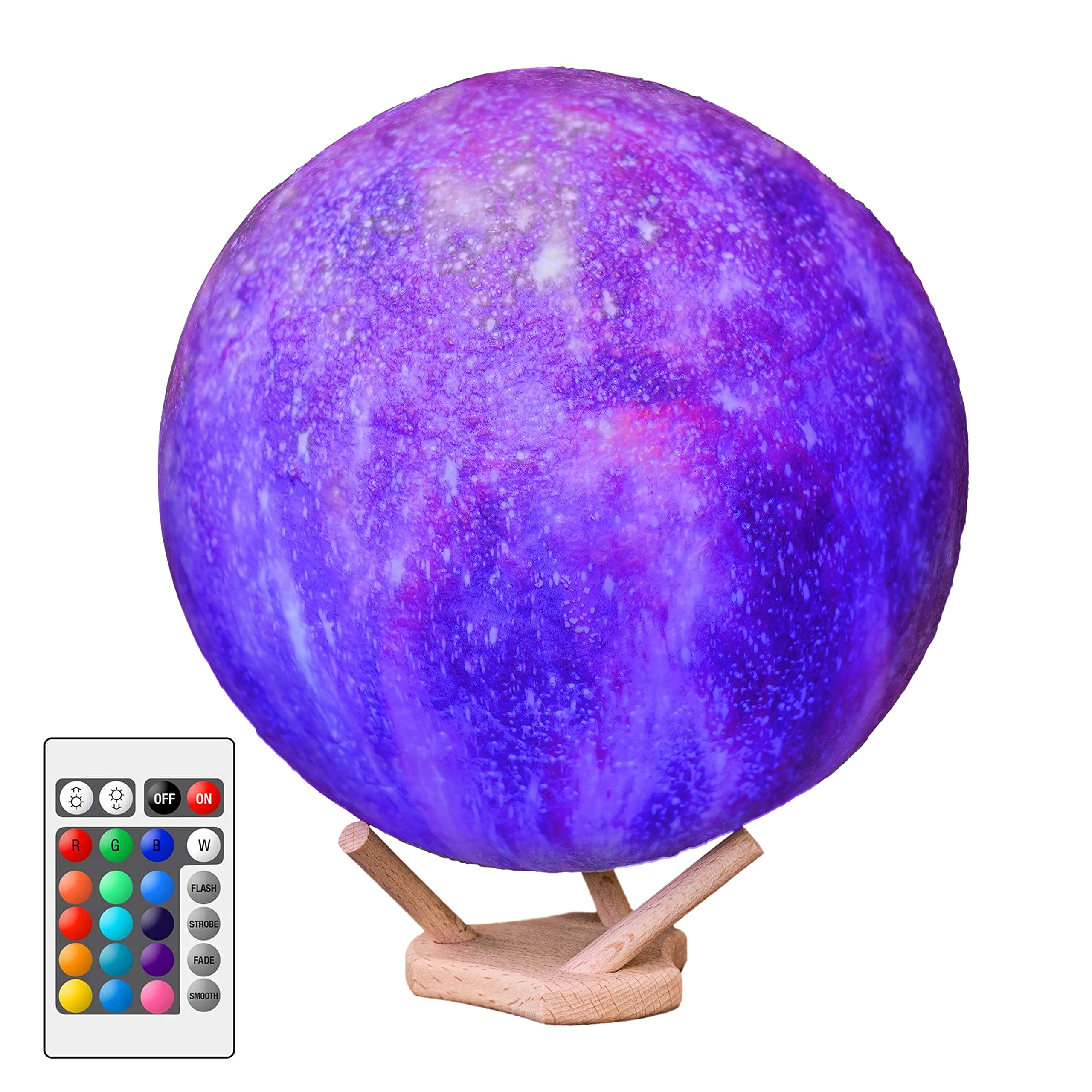 16 Colors LED 3D Moon Lamp with Remote & Touch Control - 7.3 inch Galaxy Night Light for Kids, USB Rechargeable with Wood Stand - Perfect Gift for Baby Girls & Boys Birthday, Nursery Decor, Bedroom Lighting & Relaxation Aid